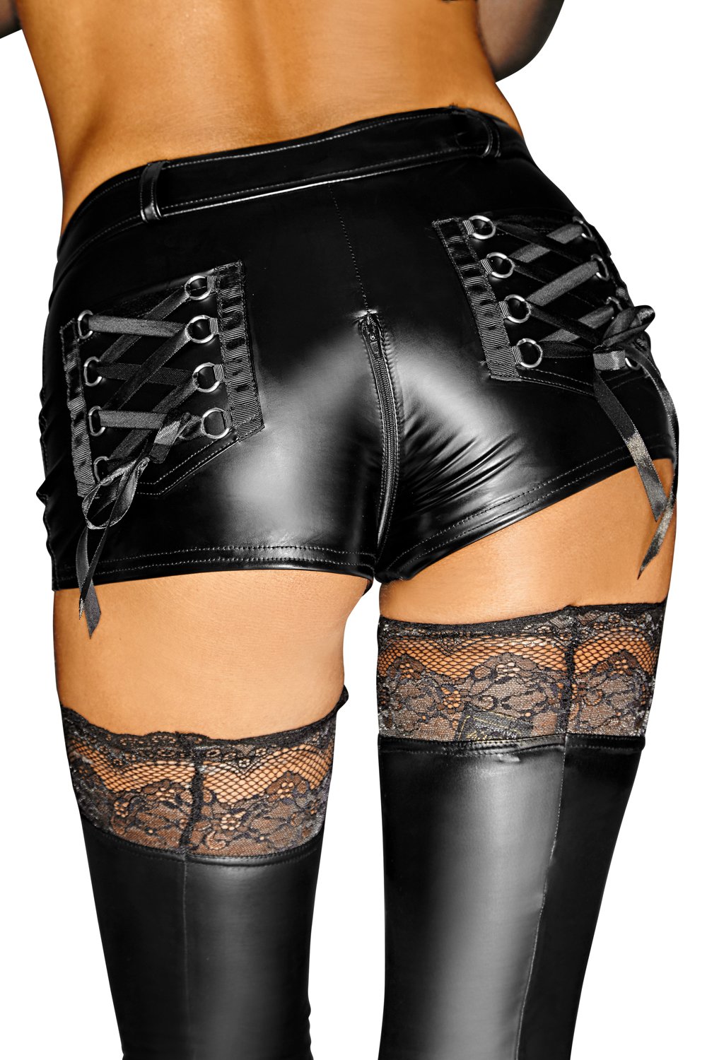 Schwarze Damen Dessous Wetlook Shorts mit Reißverschluss Kurze Hose