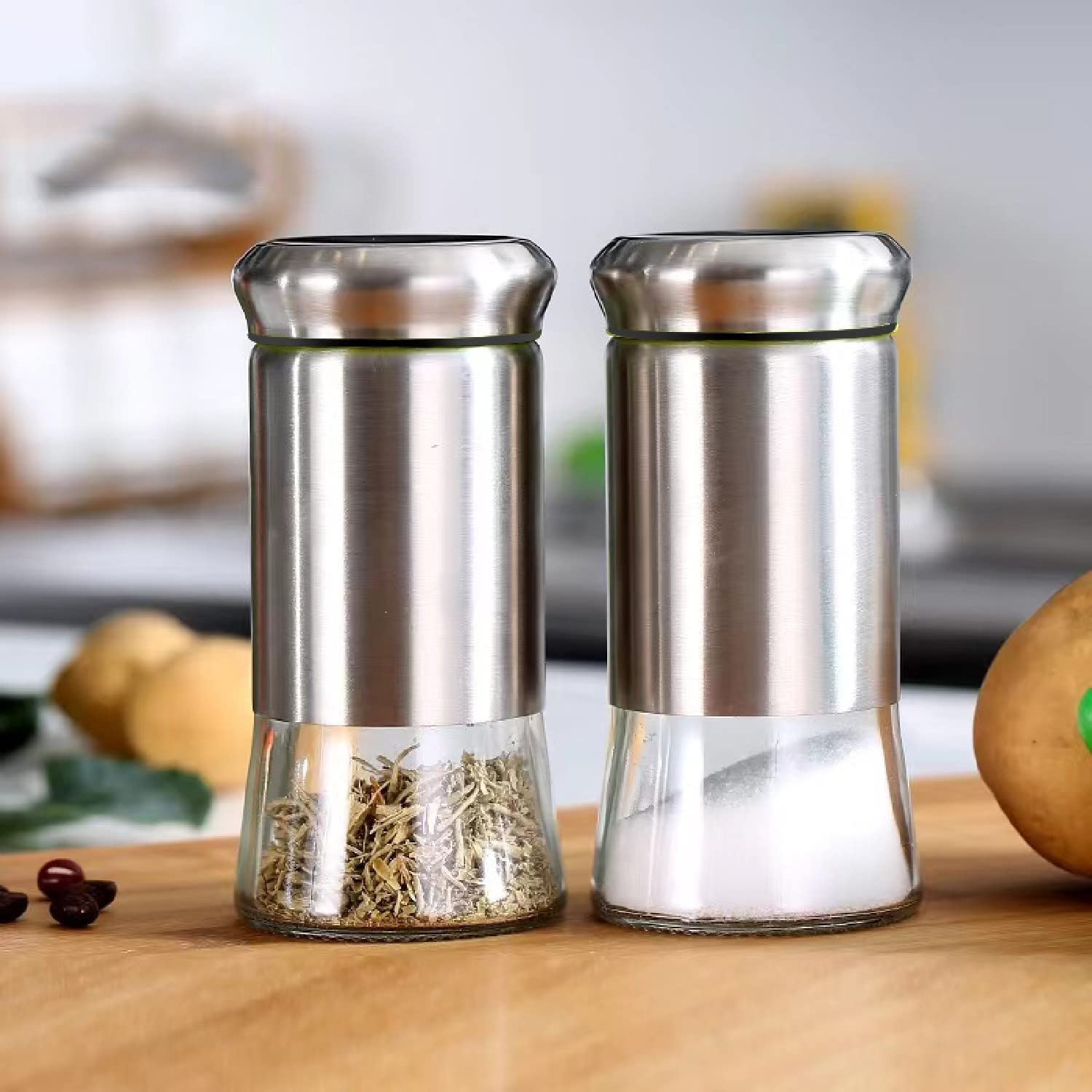 DANSR Salt and Pepper Shakers with Stainless Steel and Thick Clear Glass Bottom, Moisture-Proof Spice Dispenser, Holder Seasoning Condiment Set with Glass Bottom (Silver, 2)