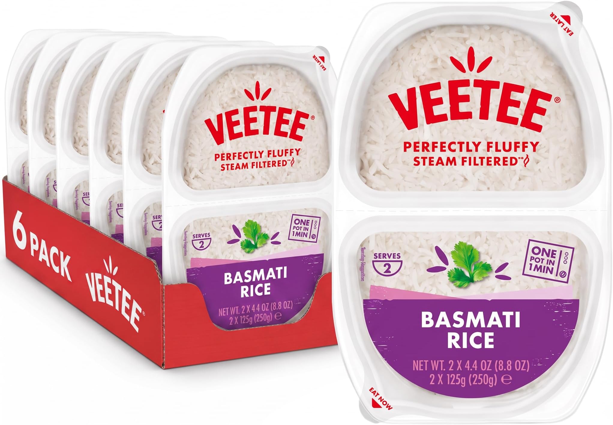 Basmati Rice Pots 2 x 125g,box of 6 | Perfectly Fluffy Basmati Rice, Ready in 60 Seconds, Steam Filteredโข, Serves 2, Gluten Free, Vegan, Pack of Six