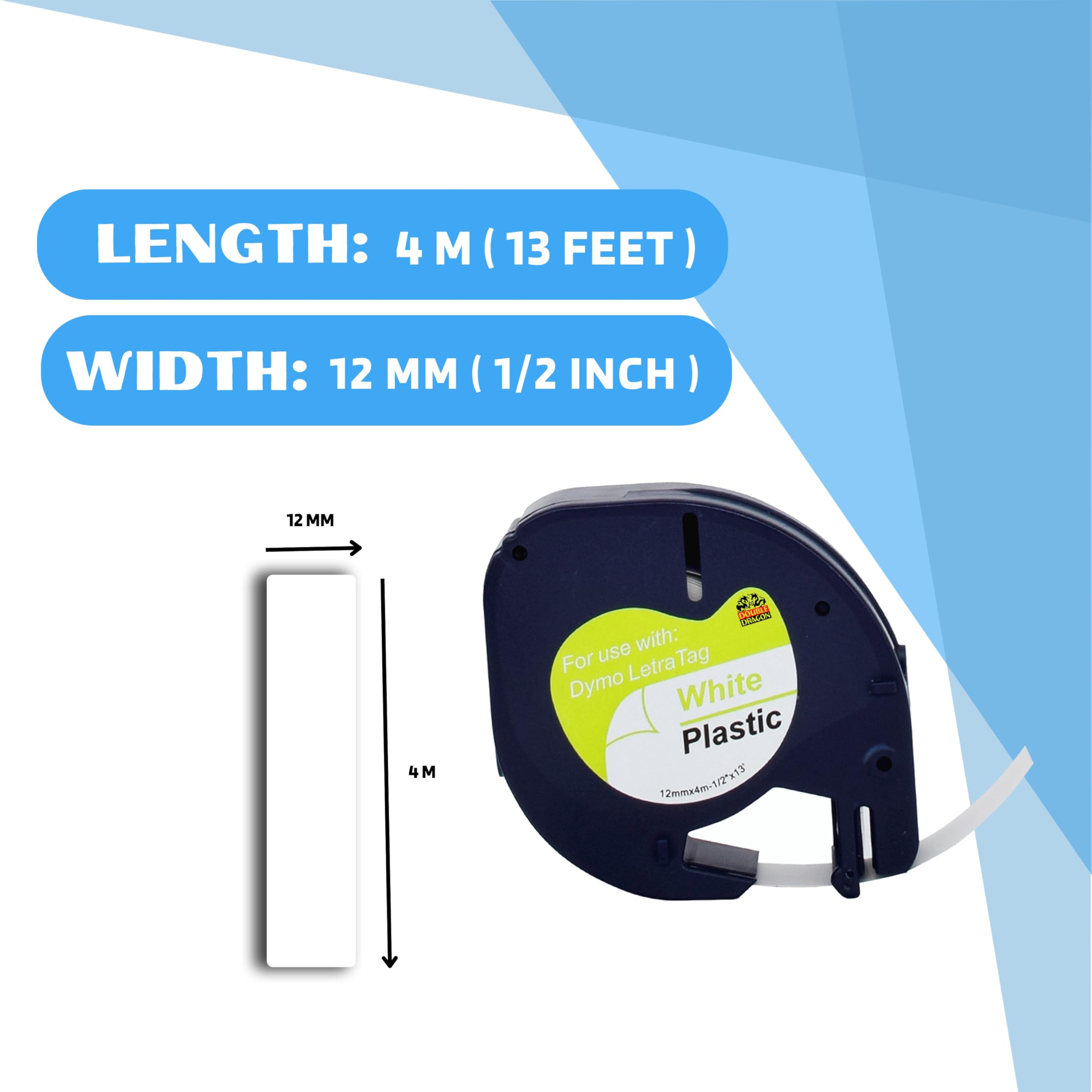 Double Dragon, 5-pack kompatybilnych taśm etykietujących na plastikową białą taśmę Dymo LetraTag 91201 S0721610, do Dymo LetraTag LT-100H LT-100T LT-110T QX50 XR XM, czarny na białym, 12mm x 4m