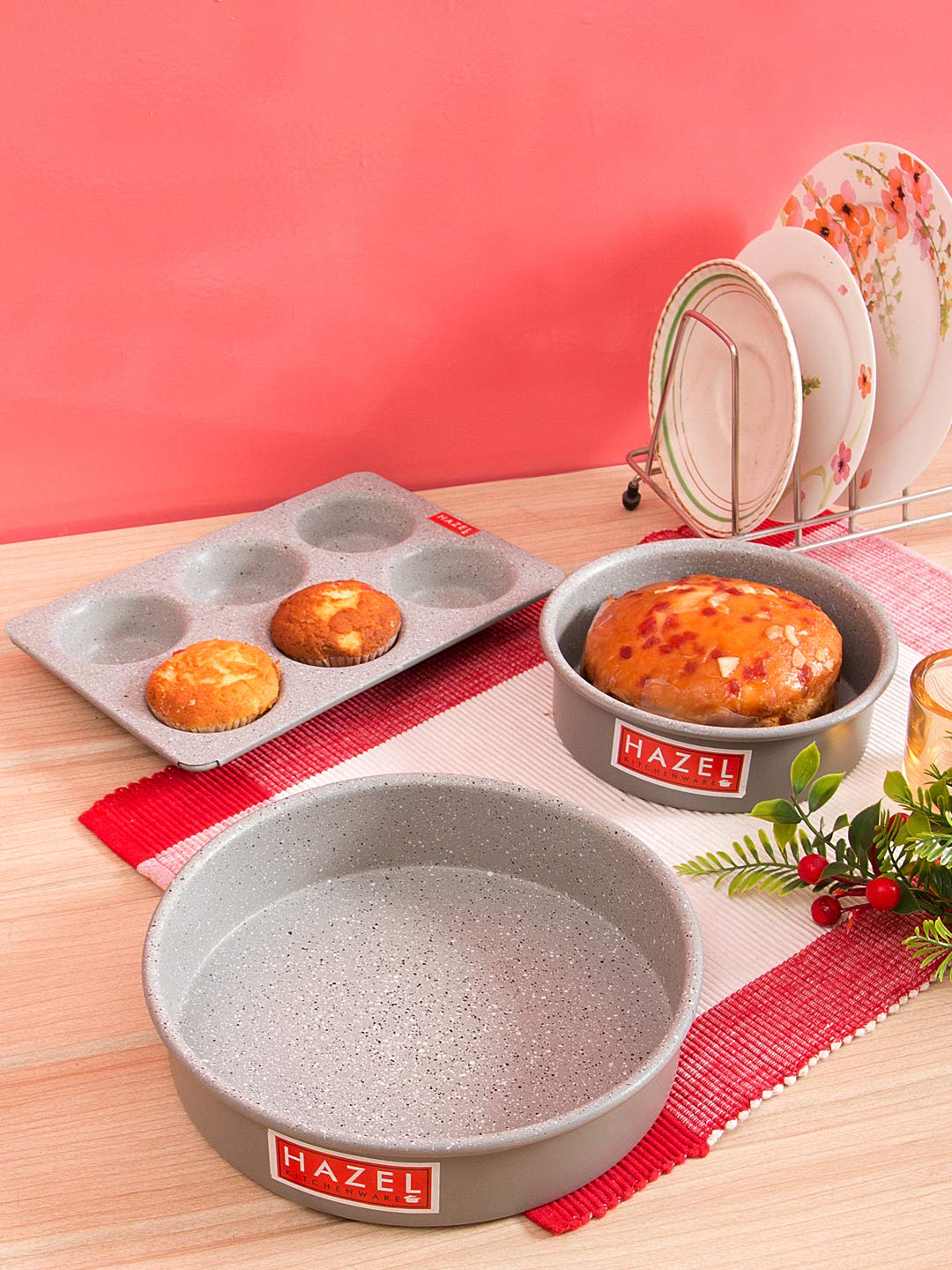 HAZEL Alfa Heavy Gauge Premium Aluminium Granite Finish Non Stick Microwave Safe 3 Pc Mould Combo, Large Cake Mould with 1 Small Mould & 1 Muffin Mould, Grey