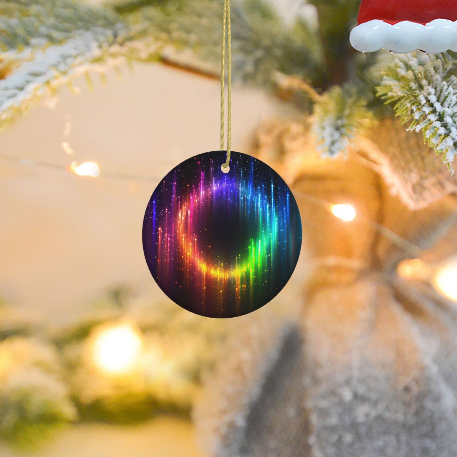 Christmas Ornaments for Christmas Tree Decoration Ceramic Hanging Rainbow Neon Ornament with Gold Ribbon Crafts Round Pendant for Keepsake Gifts Glass Xmas Decor Party Supplies