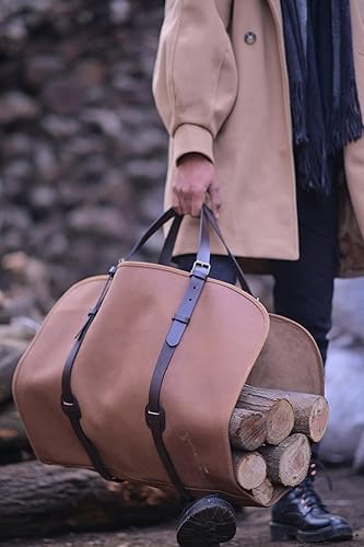 Miniatura 6 de Rarities Crafts Transportador de leña de cuero con asas, soporte para troncos de madera, bolsa de mano, chimenea, accesorios para estufa de leña