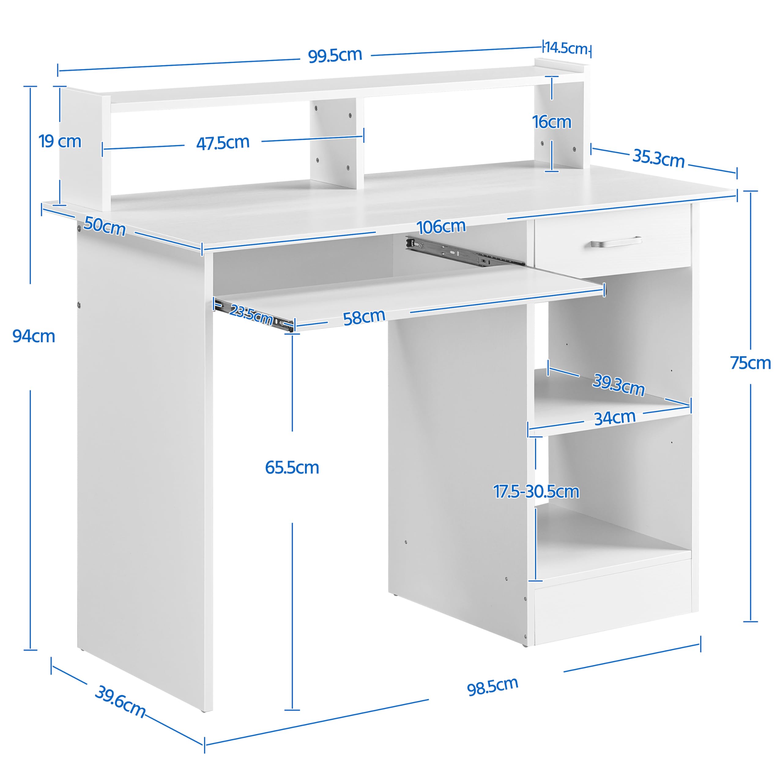 Yaheetech Escritorio con Cajón y Estante Ajustable, Mesa Ordenador con Bandeja para Teclado, Mesa de PC con Soporte de Monitor, para Estudio Dormitorio Oficina, Blanco