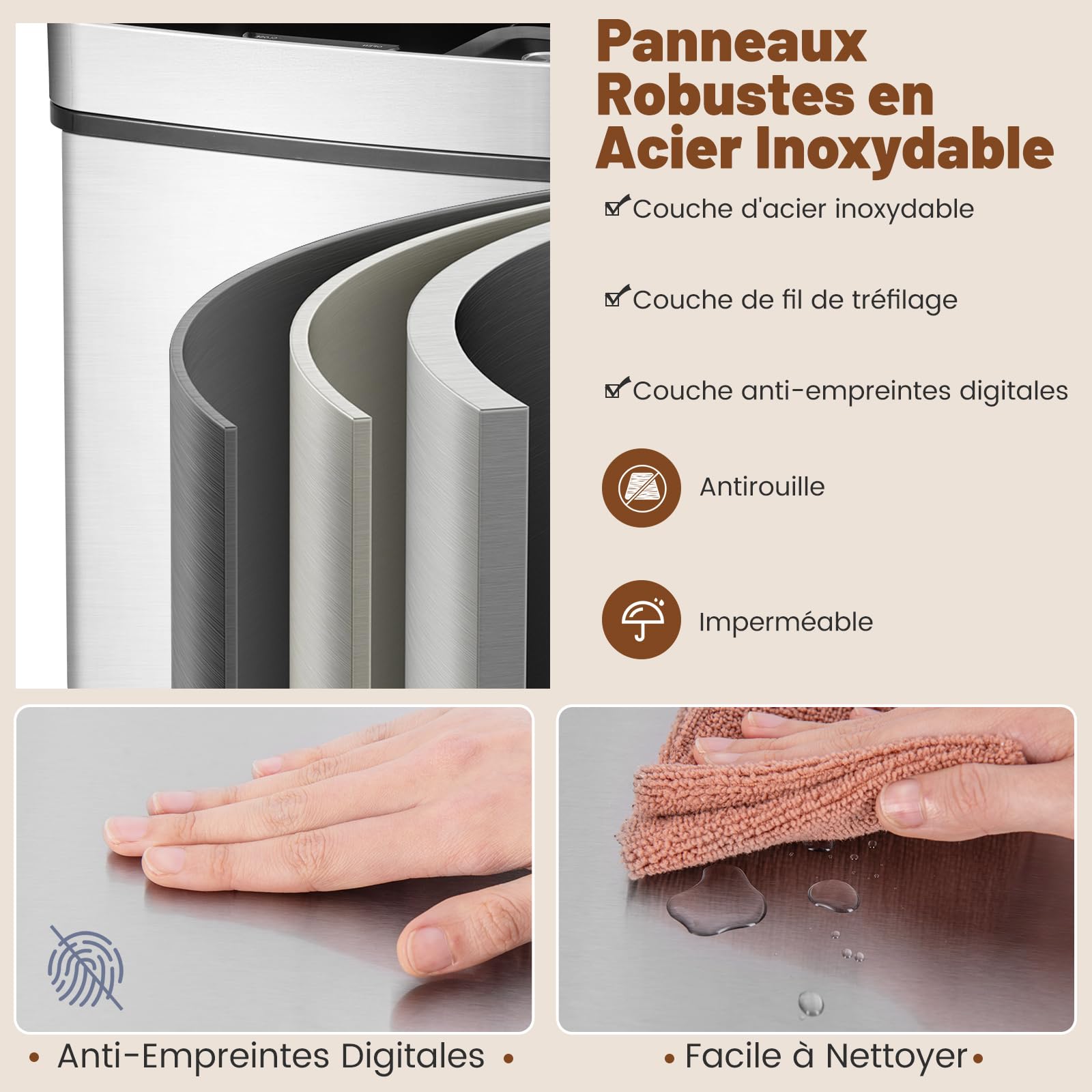 COSTWAY Poubelle Cuisine Automatique 72L en Acier Inox avec réservoir scellée 3,5L, Poubelle Tri Selectif 2 x 11L Seaux Amovibles, Cerclage, Anti-Empreintes, Anti-pinçage, Interrupteur (Argent)
