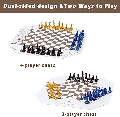 Miniatura 3 de Juego de mesa de ajedrez para 3 o 4 jugadores, 64 piezas de ajedrez colorido, juego de ajedrez para equipo con una alfombrilla de juego de cuero