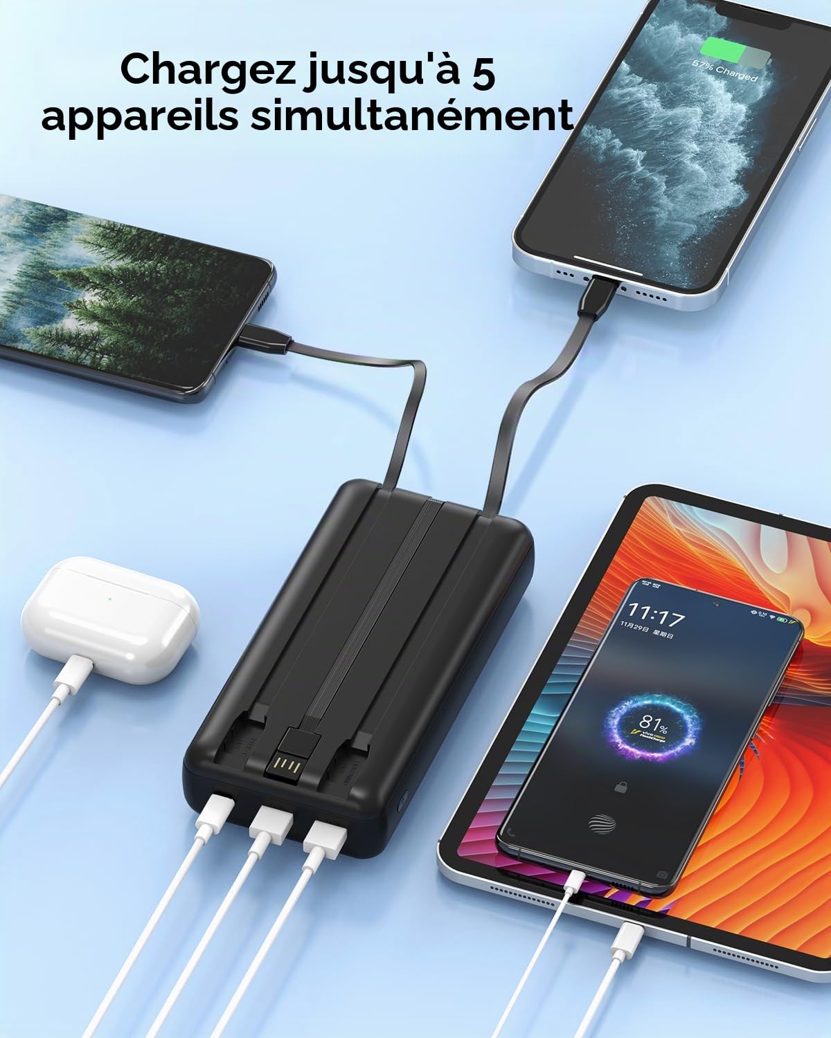 Batterie externe 50 000 mAh - Charge rapide PD 30 W - Avec 3 câbles intégrés, 5 sorties et 2 entrées - Affichage LED - Chargement portable pour iPhone, etc