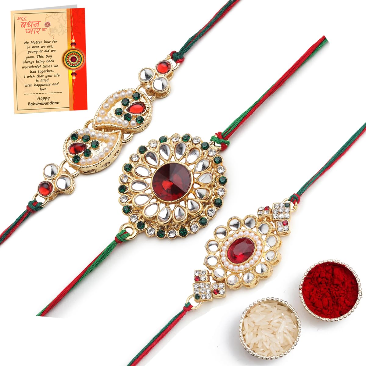 SKYTRENDS Rakhi For Men| Elegant Kundan Gold Plated Matel Rakhi (Set of 3 Rakhi) For Brother Rakshabandhan Rakhi For Bhai Brother With Roli Chawal and Greeting Card-02 (B0CD73SJJ5) Amazon Price History, Amazon Price Tracker