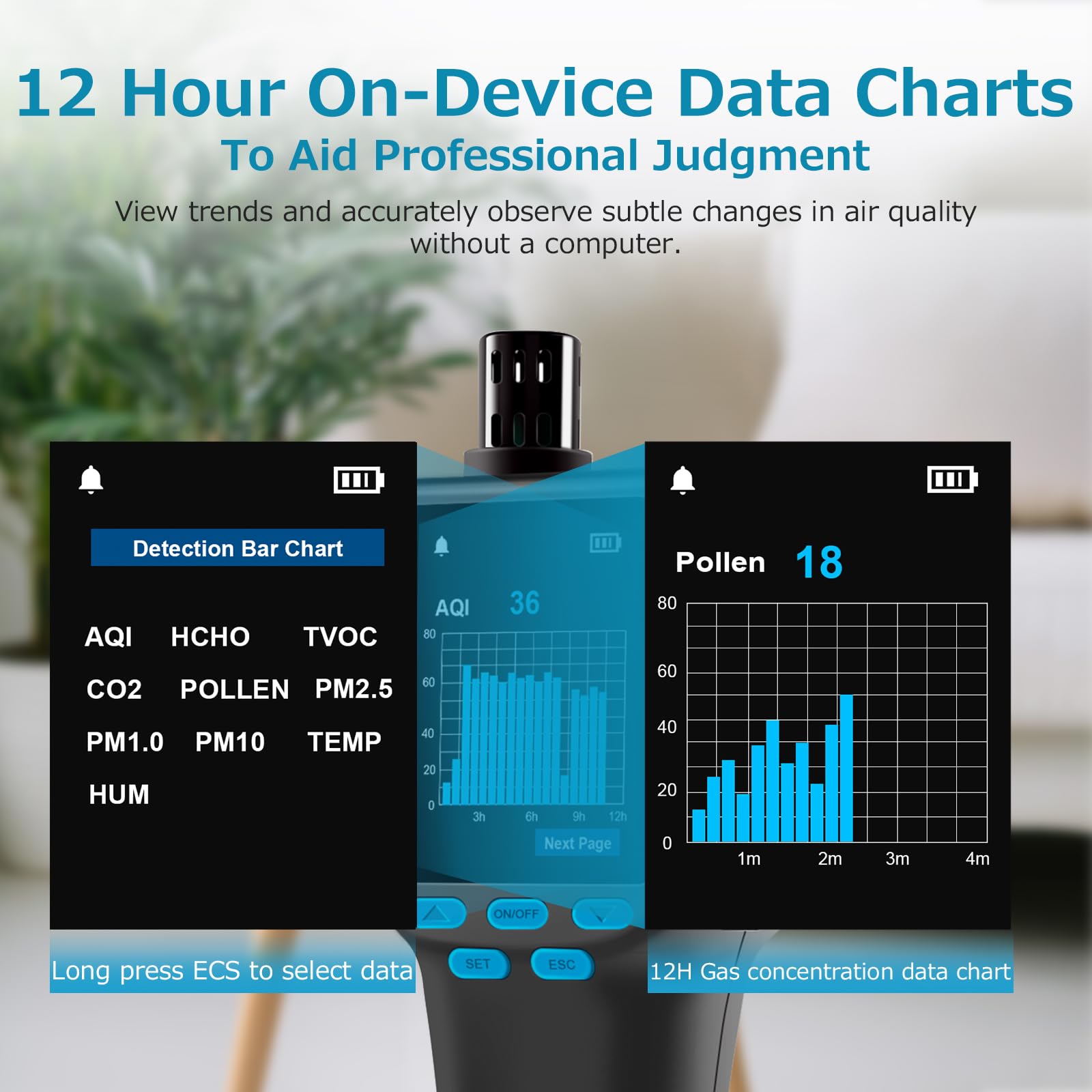 CF‑60 PP Professionale qualità aria misuratore con grafici dei dati sul dispositivo e report esportabili, rilevatore portatile 16 in 1 per AQI, CO2, TVOC, HCHO, PM2.5/10/1.0, polline ecc