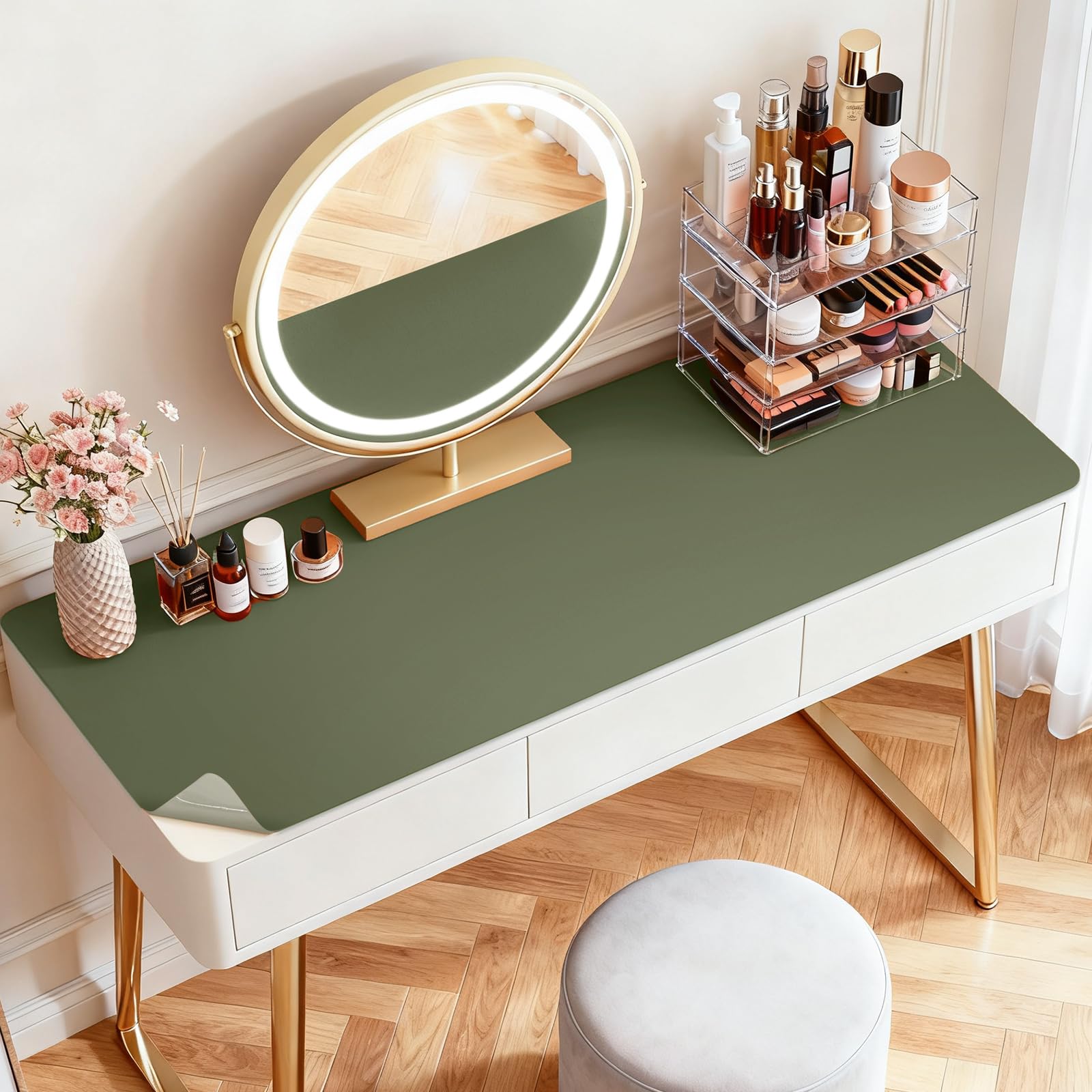 LovePads Makeup Mat for Vanity, 16 x 36 Dual-Sided Desk Pad &amp; Vanity Cover Top, Waterproof PVC Protector Mat for Dresser, Nail Art, Craft Table (Green+Grey)