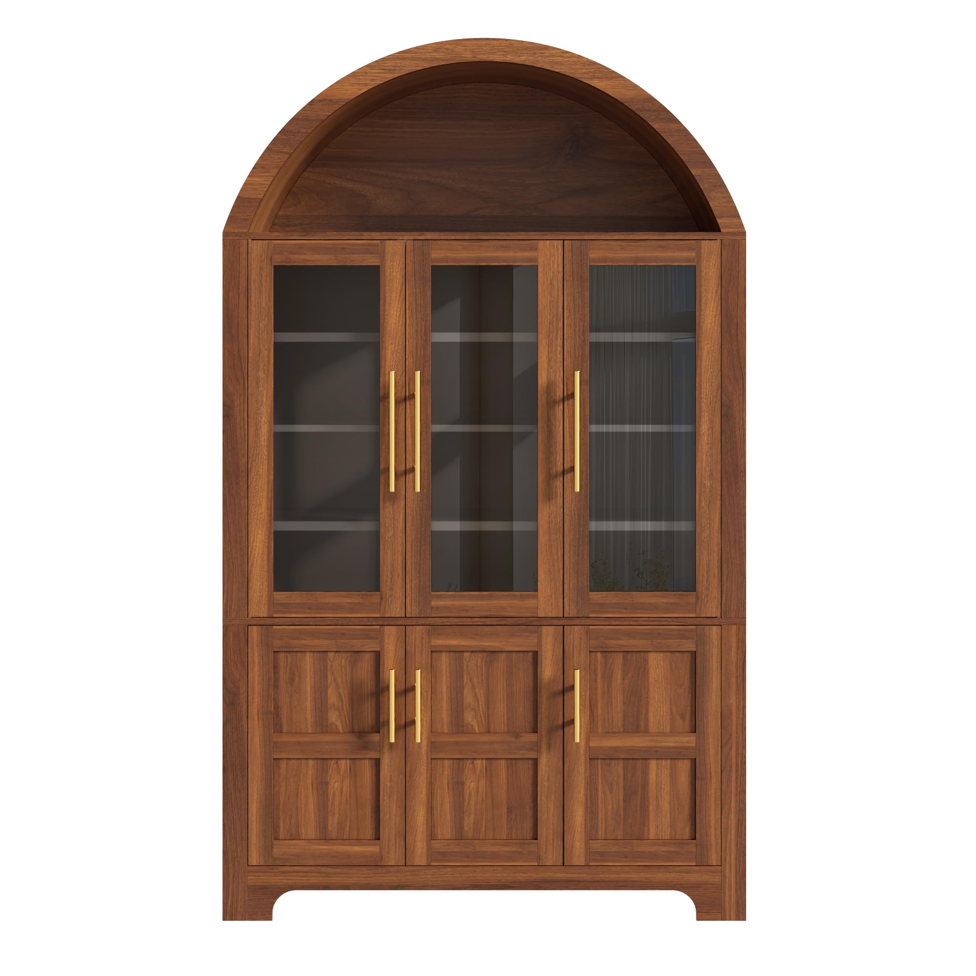 Credenza moderna verticale, PB+MDF, nicchia ad arco superiore, 3 vetrine in vetro, 3 scomparti chiusi, ripiani regolabili, maniglie in alluminio, armadio multifunzione per la casa, noce