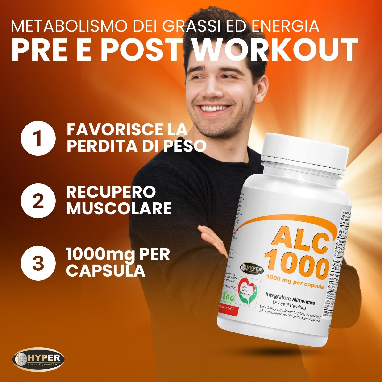 Hyper ACETIL L-CARNITINA 1000 MG per capsula | ALCAR Acetyl L-Carnitine + Energia favorisce il Metabolismo dei Grassi Attività Fisica intensa | Palestra, Sport Allenamento | 3 Flaconi da 60 Capsule
