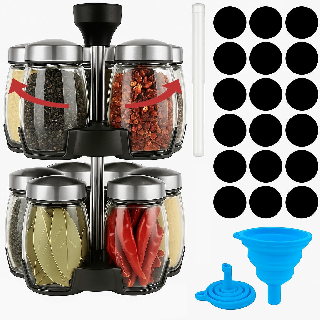 Bluelander Especiero Organizador de Cocina Giratorio 360º con Juego de 12 Frascos Especieros de Vidrio con Tapas de Acero Inoxidable, Máxima Durabilidad y Estabilidad