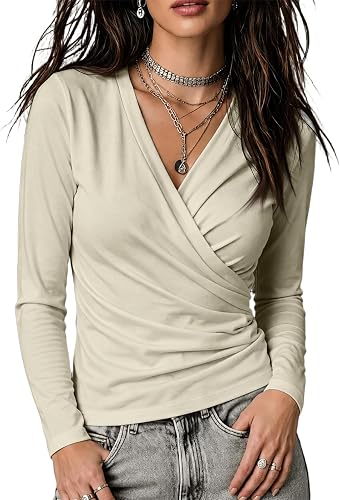 Wrap Around Tops for Women Tie Wrap V Neck Ruched Shirts Dressy Long Sleeve Cinc