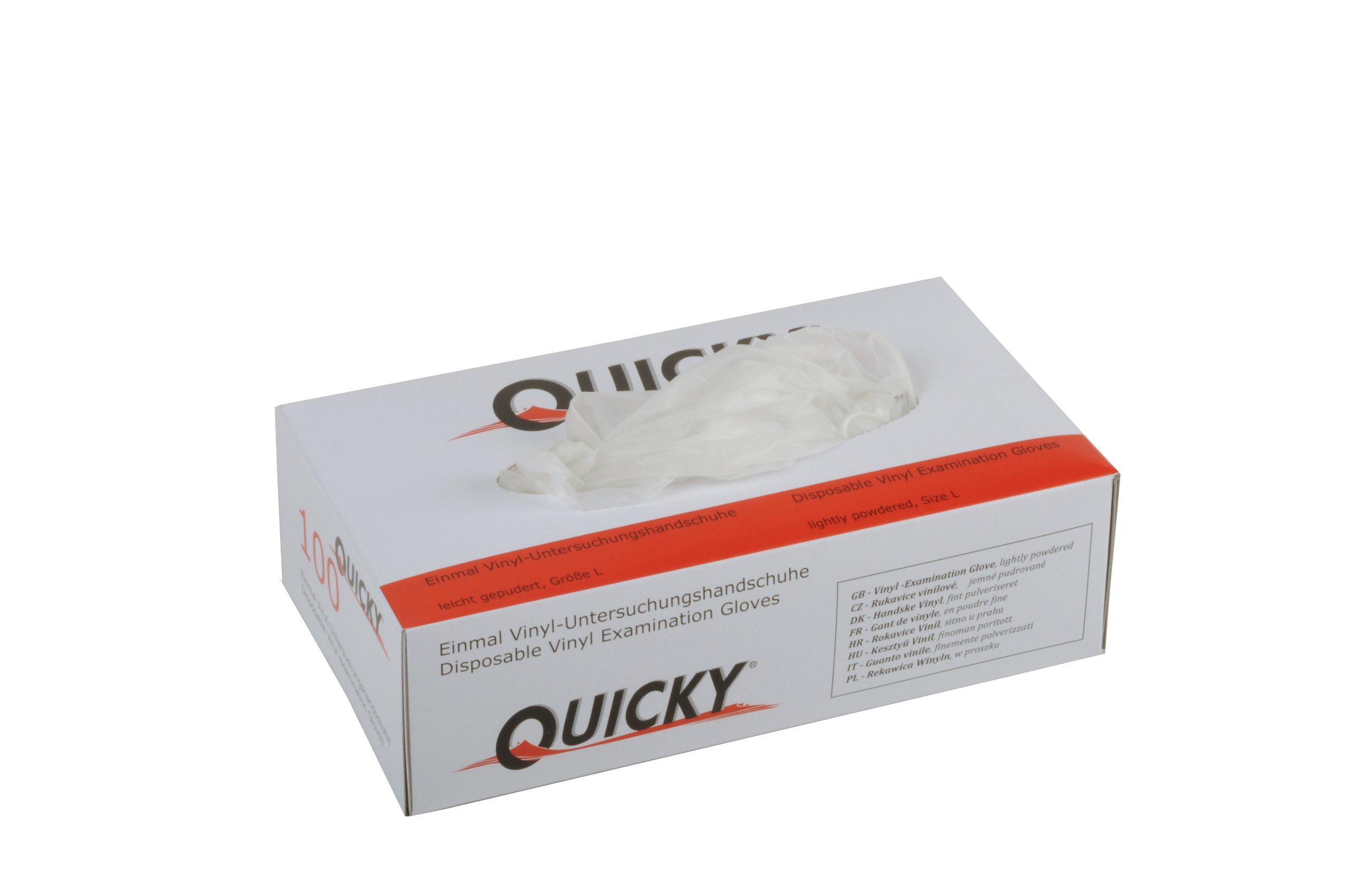 Quicky AQL 1.5 Lot de 10 boîtes de 100 gants jetables en vinyle Légèrement poudrés Blanc Taille L