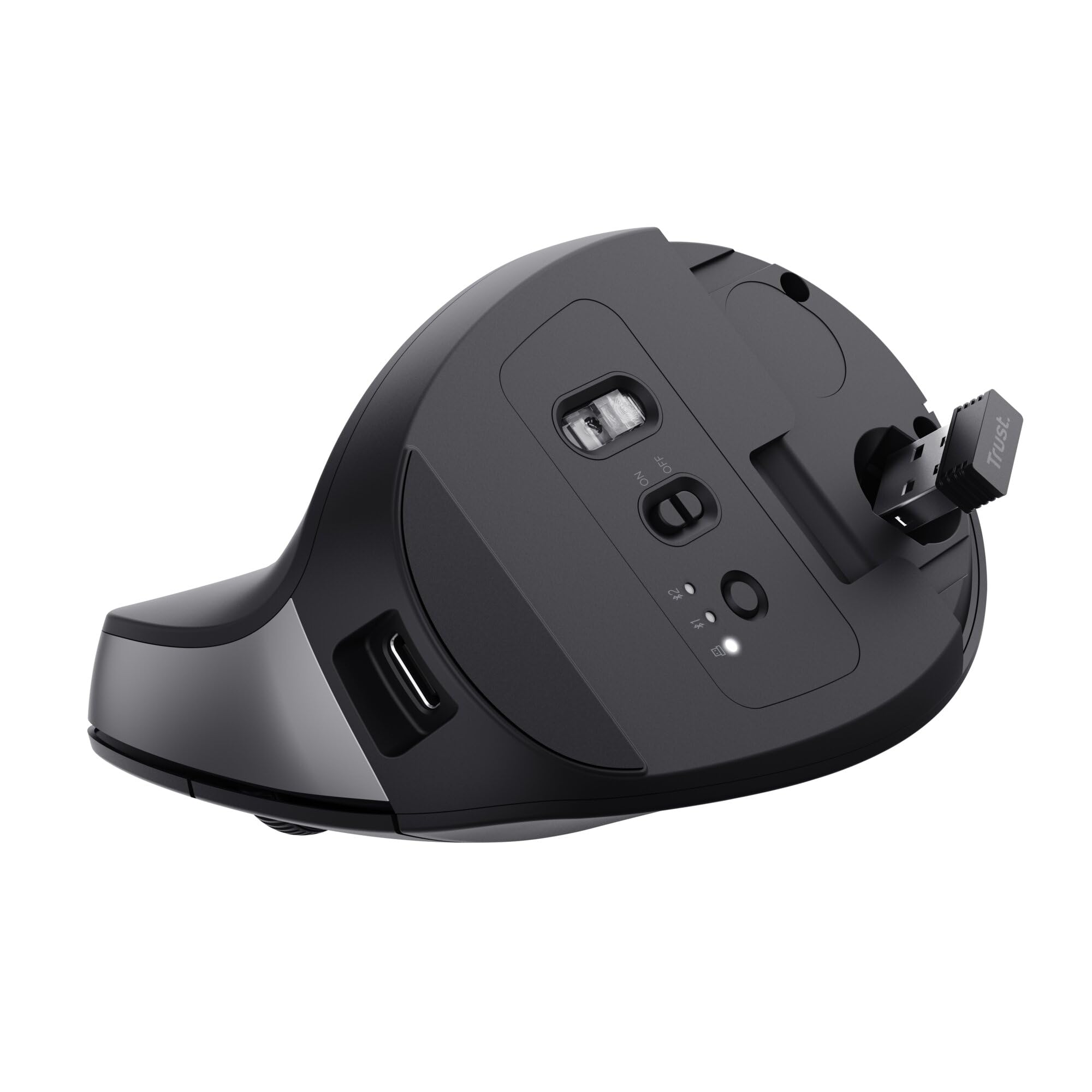 Trust Bayo+ Mouse Verticale Wireless Bluetooth + RF 2.4GHz, Ridurre la Tensione del Braccio e del Polso, 53% Plastica Riciclata, Mouse Ergonomico Ricaricabile Multidispositivo PC Laptop Mac - Nero