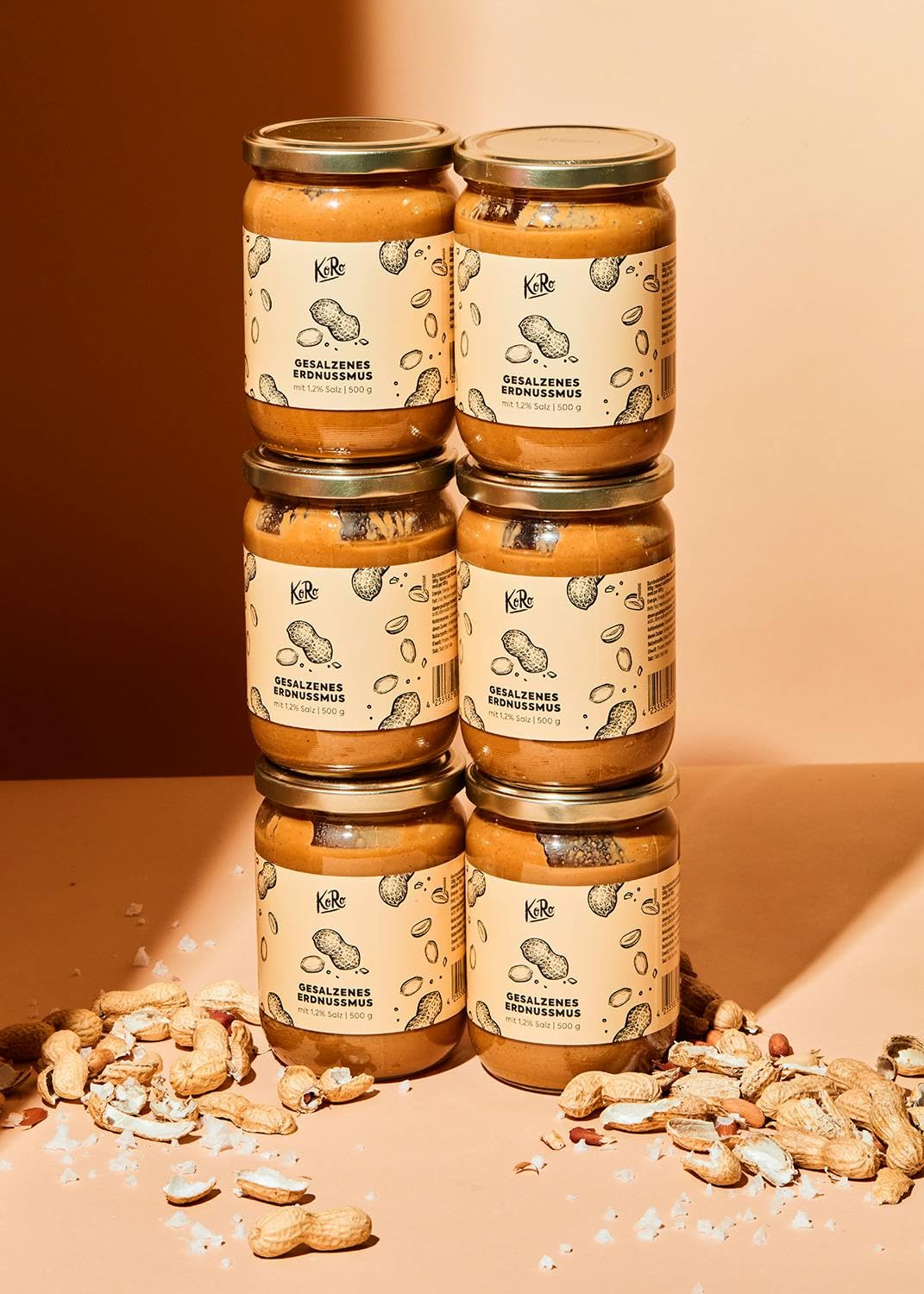 KoRo - Gesalzenes Erdnussmus 6 x 500 g - Vegan - Nussmus aus gerösteten Erdnüssen und einer Prise Salz - Ohne Palmöl und ohne Zuckerzusatz* - Proteinquelle