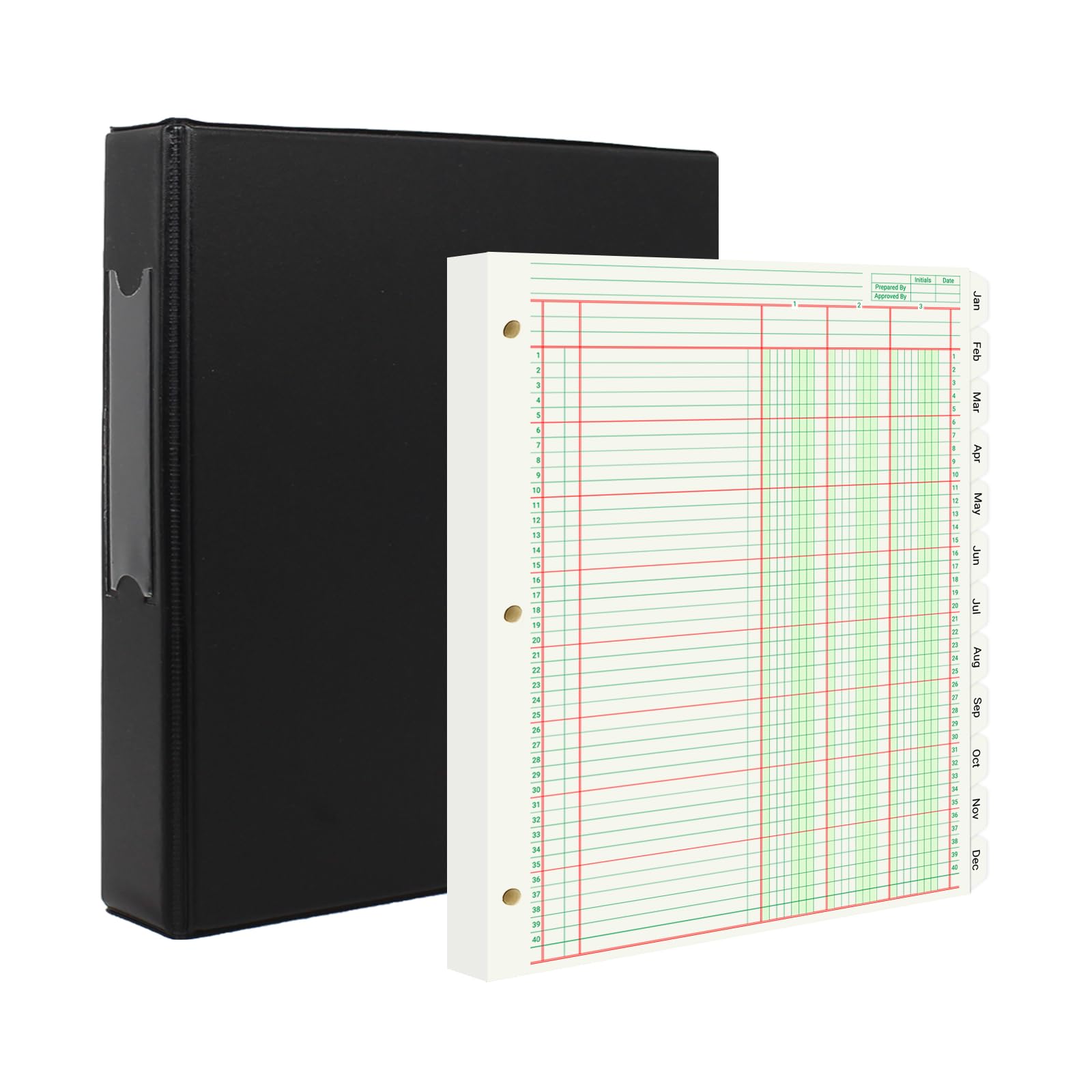 Lot de 100 feuilles de papier comptable avec 3 classeurs à anneaux et onglets mensuels, blocs d'analyse colonnaires à 3 colonnes, carnet de comptabilité rechargeable (21,6 x 27,9 cm)