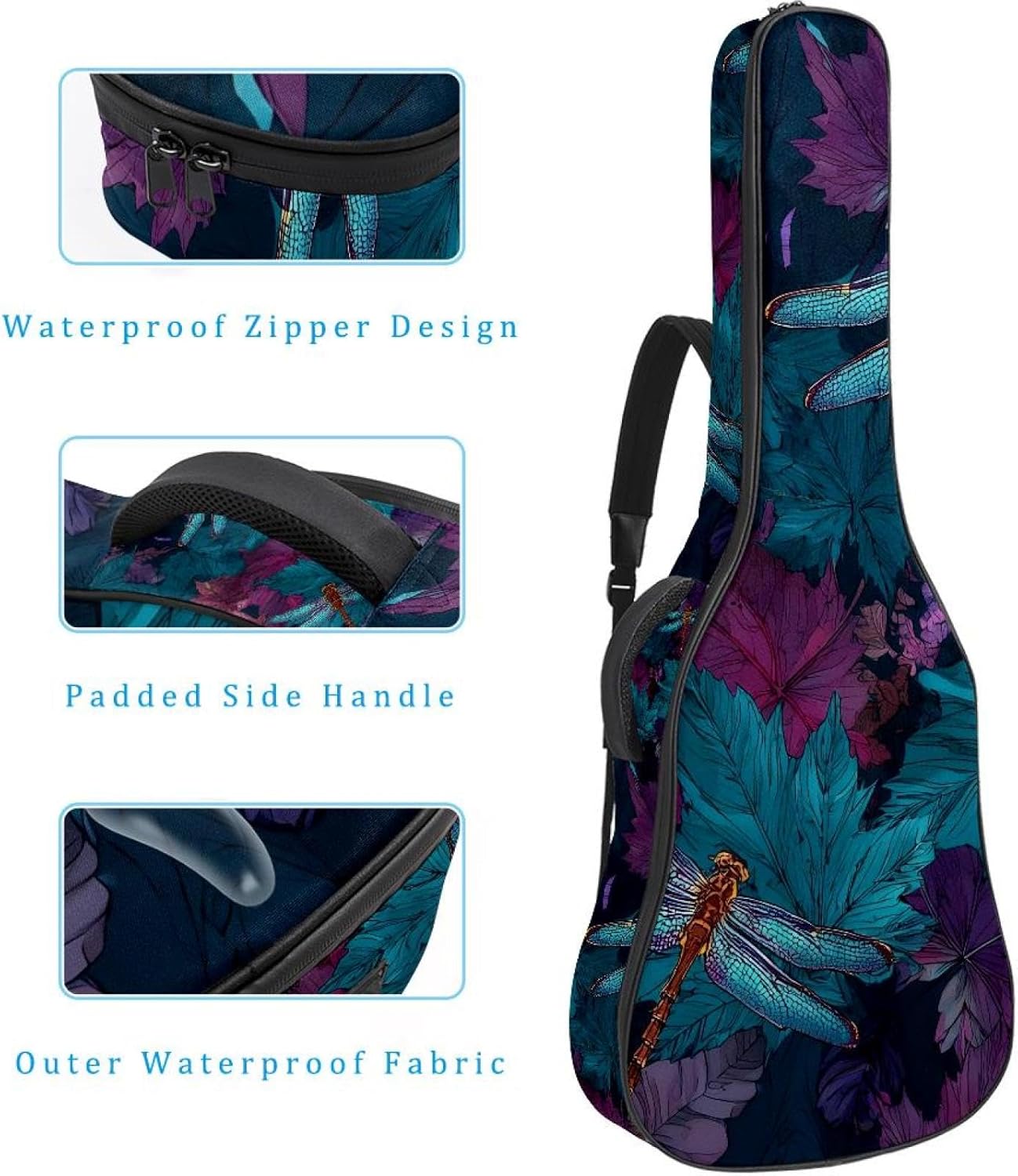 40 41 42 Inch Acoustic Guitar Bag, 0.4 In Thick Sponge Padded Guitar Case Gig Bag with Back Hanger Loop and 2 Pockets, Seamless Maple Leaf and Dragonflies