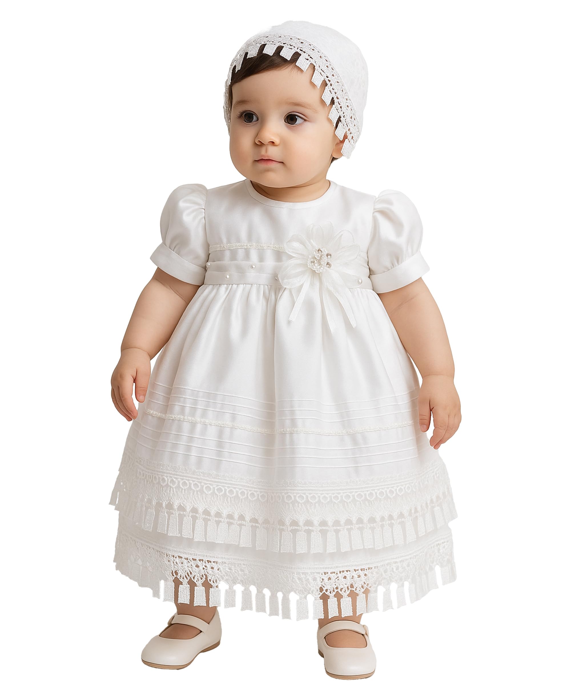 SIRRI Robe de baptême Blanche en Dentelle avec Bonnet pour bébé Fille de 0 à 12 Mois