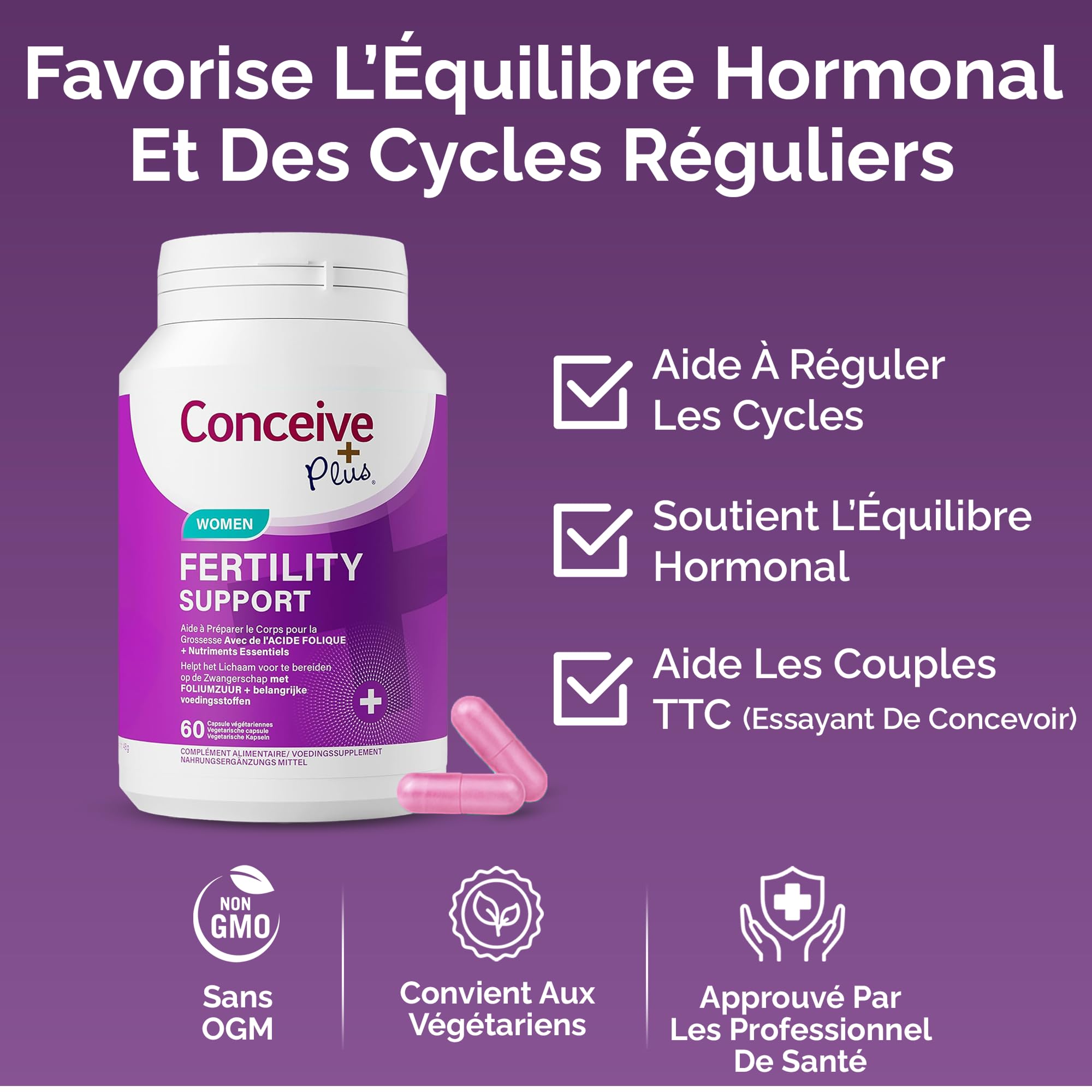 Conceive Plus Fruchtbarkeitsergänzungsmittel für Frauen, Unterstützt den Hormonhaushalt, Calcium, Vitamin D, Folsäure, Inositol - Pränatale Vitamine für Frauen - 30 Tage Vorrat, 60 Kapseln