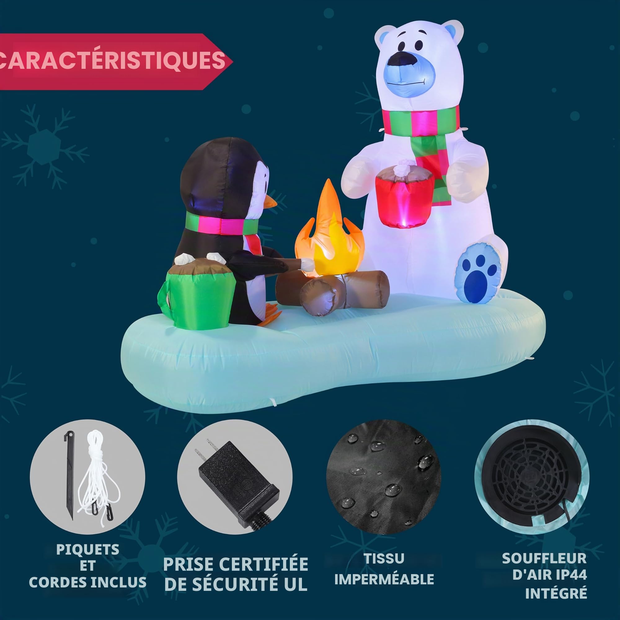 Joiedomi Ours polaire et pingouin gonflable de 1,8 m de long avec décoration de feu de camp, décoration de Noël gonflable avec LED intégrées pour fête de Noël, pelouse, décoration d'hiver