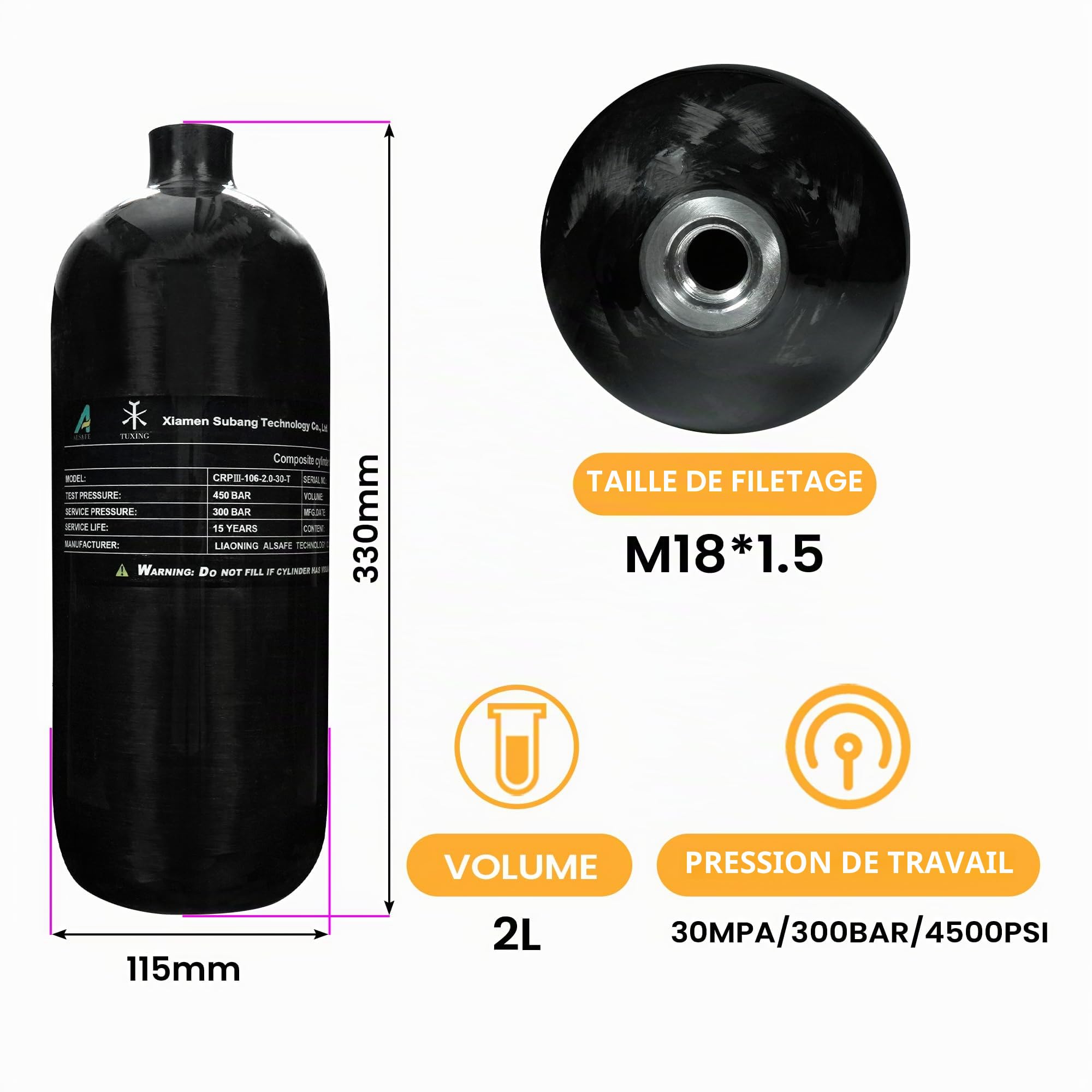TUXING Réservoir à air en fibre de carbone 4500psi 2 l (bouteille d'empty & station de remplissage de paintball avec valve double calibre pour PCP Air Rifle, plongée, snorkeling, sports nautiques