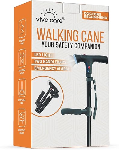 VIVA CARE Bastón de caminar con luz y alarma, plegable, ajustable, ligero, para equilibrio y estabilidad para adultos, personas mayores y