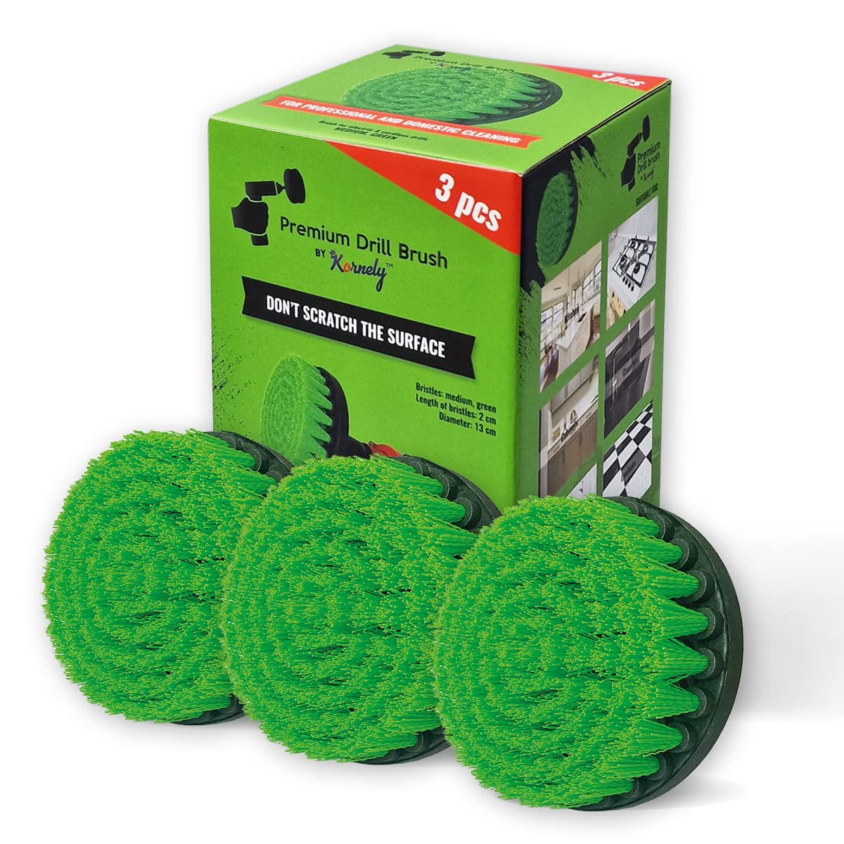 Kornely Boorborstel Premium-medium stijf, groen, 13 cm. Professionele krachtige reiniger. Krast geen oppervlakken. Voor keuken, fornuis en oven, kasten, vuile potten en reiniging