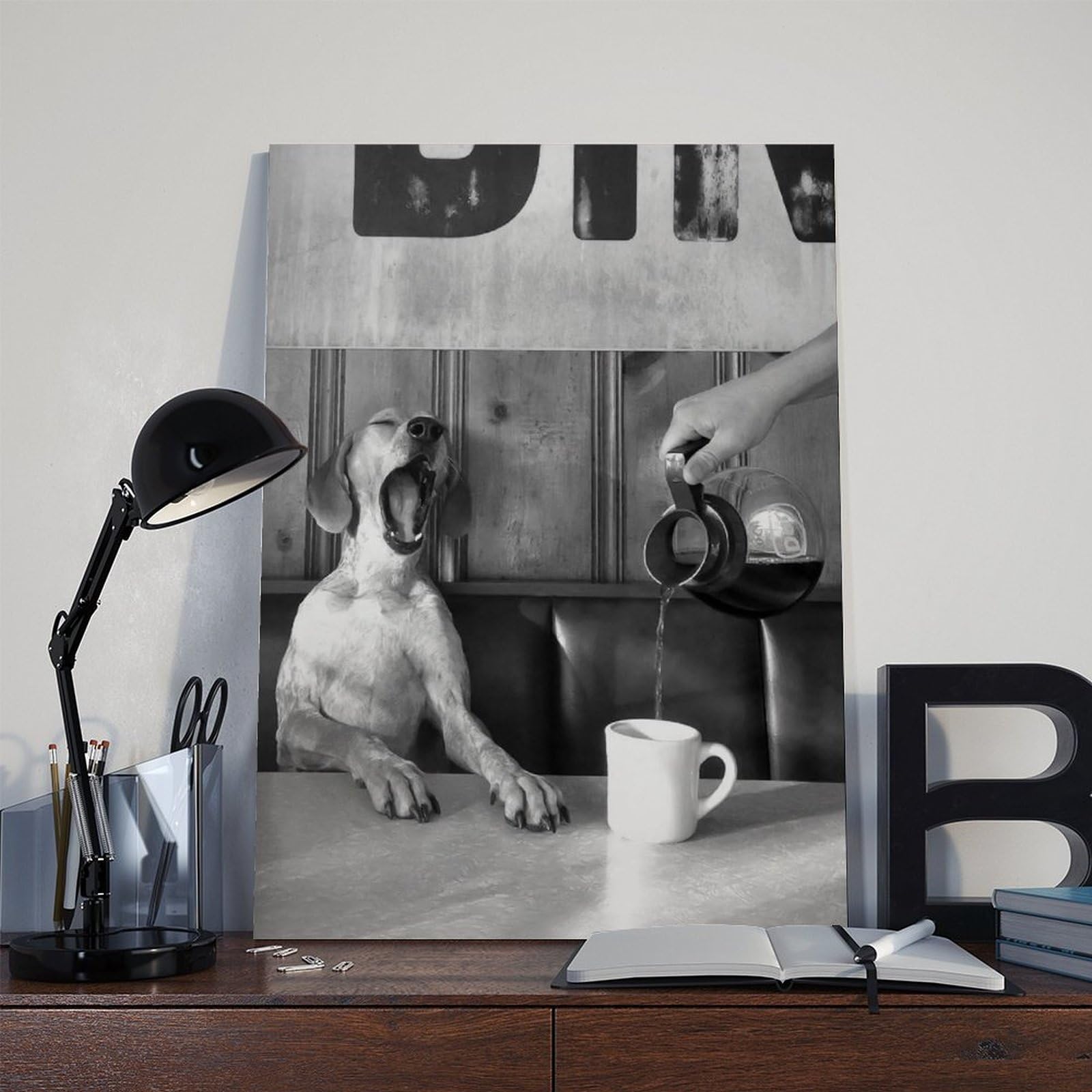 Póster de lienzo retro en blanco y negro con diseño de perro bebiendo café, decoración de dormitorio, paisaje, oficina, habitación, regalo, 40 x 60 cm