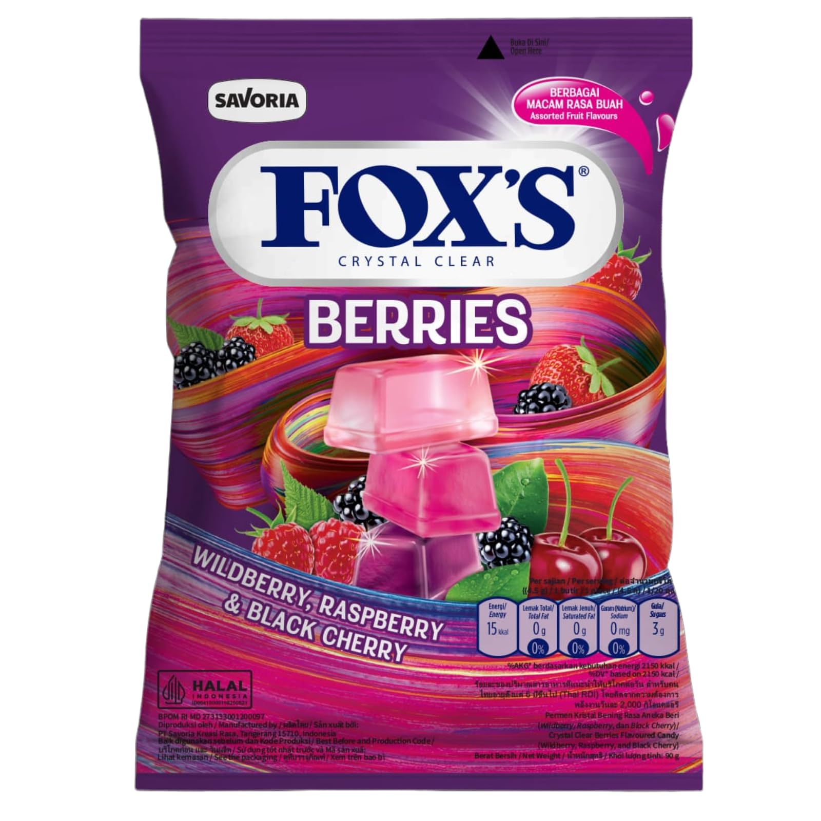 Fox'sCrystal Clear Berries Candy Pouch 90g – Assorted Berry Flavored Hard Candy (Wildberry, Raspberry & Blackcurrant), Long-Lasting Sweet Treat, Ideal for Sharing, Gifting & Travel, Halal Certified