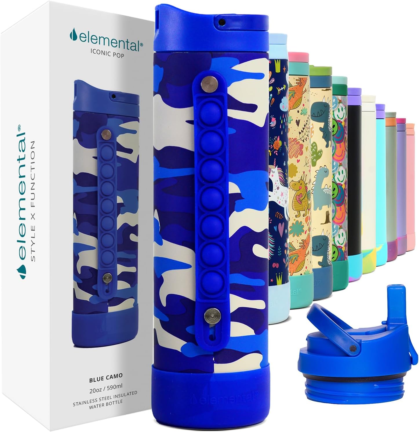 Elemental Iconic Kids Water Bottle with Straw Lid & Stress Reliever Pop It Handle, Leak-Proof When Closed, Triple Insulated Stainless Steel Reusable Thermos Water Bottle, 20oz – Blue Camo