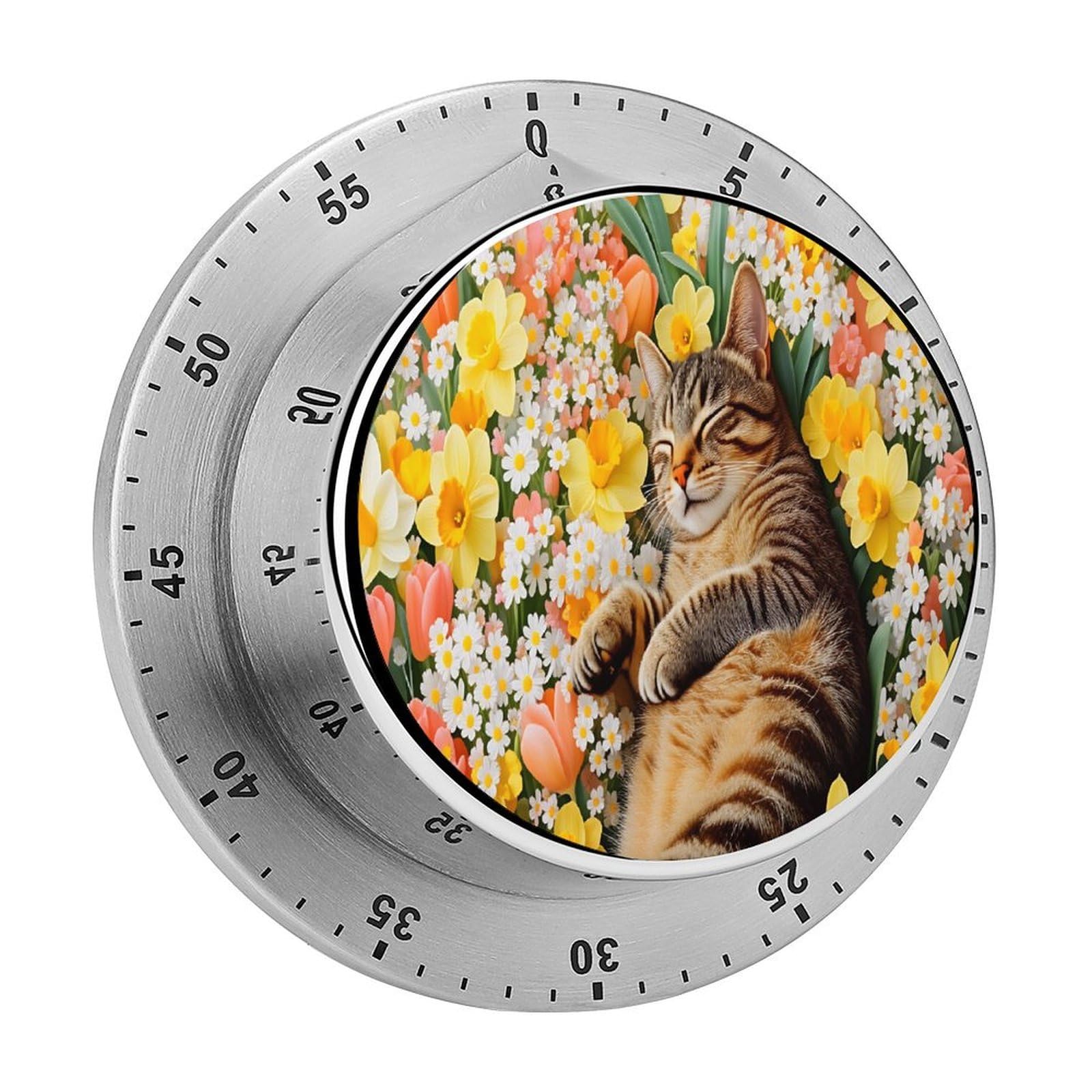 Tabby Cat Sleeping Spring Flower 60 Minute Wind Up Timer,Visual Mechanical Magnetic Timer with Loud Alarm for Kitchen