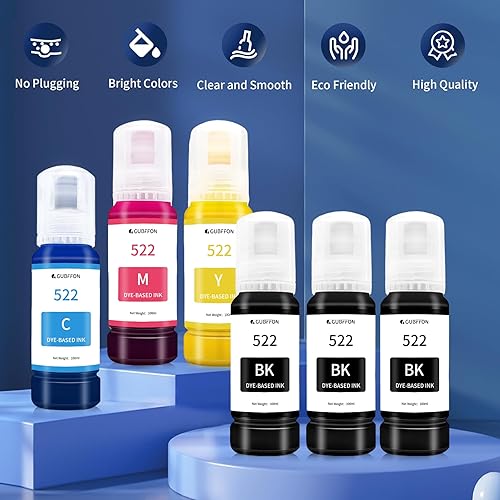 Miniatura 6 de GUBFFON Tinta 522 de 20.3 fl oz para impresora Epson EcoTank ET-2720 ET-2800 ET-2803 ET-2840, ET-4700, ET-4800, ET-4810, T522 Líquido de repuesto de
