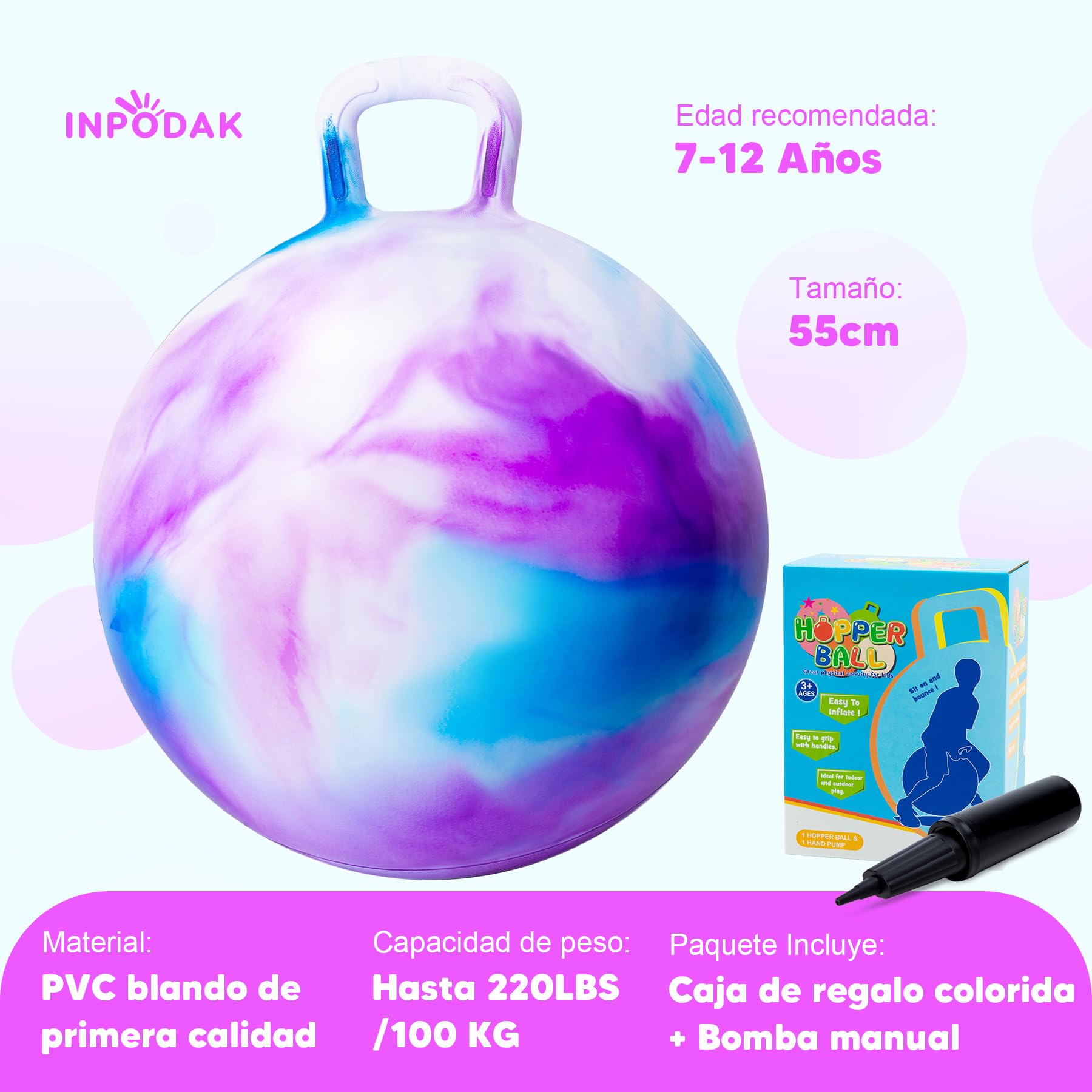 INPODAK Pelotas Saltarinas para Niños,Bola Hopper de 22 Pulgadas,Pelota Saltarina con Asa,Pelotas Saltarinas Inflables,Space Hopper para Niños de 7 a 12 Años,Juguetes Saltarines para Ninos