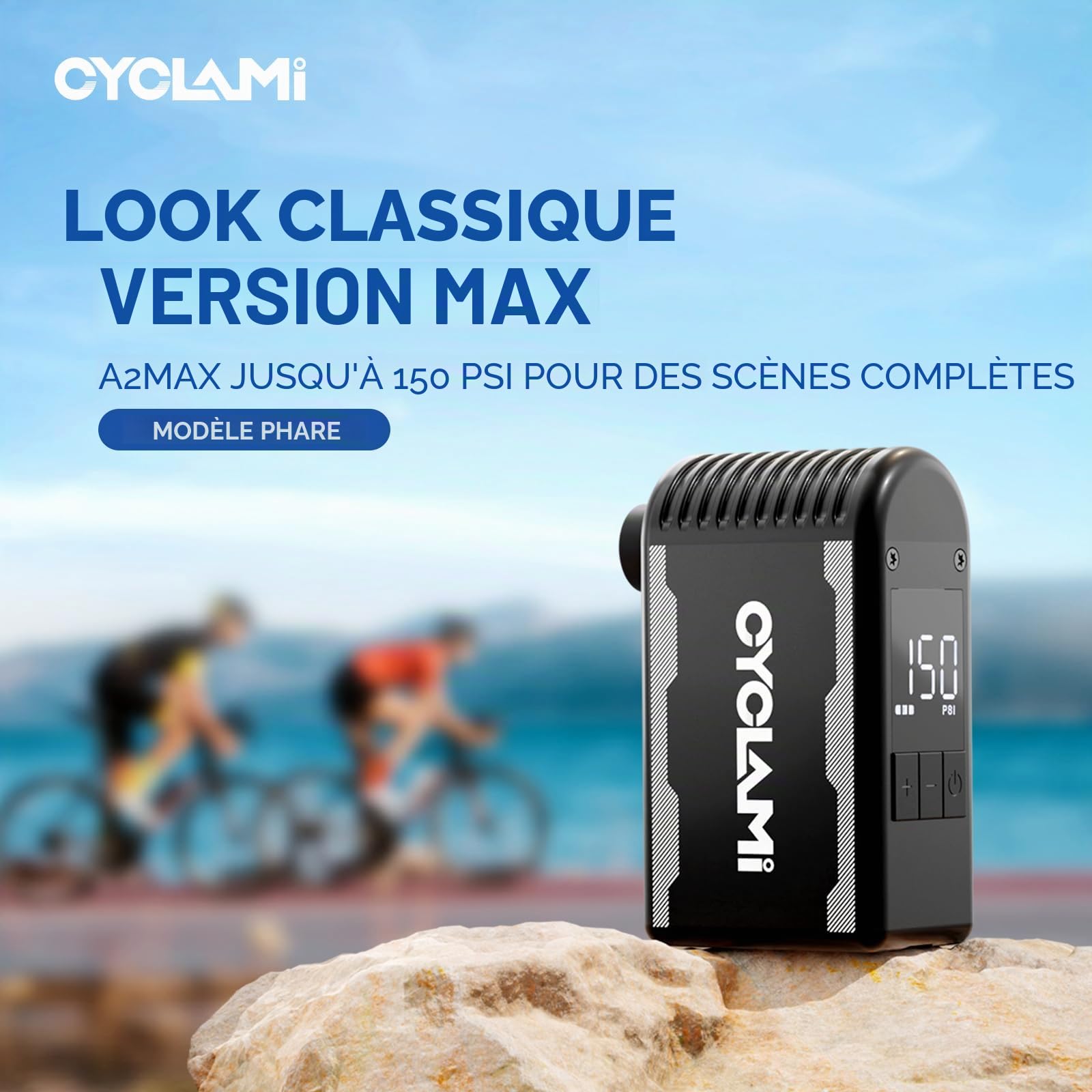 A2MAX Pompe à Vélo Electrique Mini Pompe Velo Portable avec Manomètre Numérique Max 150 PSI arrêt Automatique pour Tous Les vélos pour Valve Schrader et Presta
