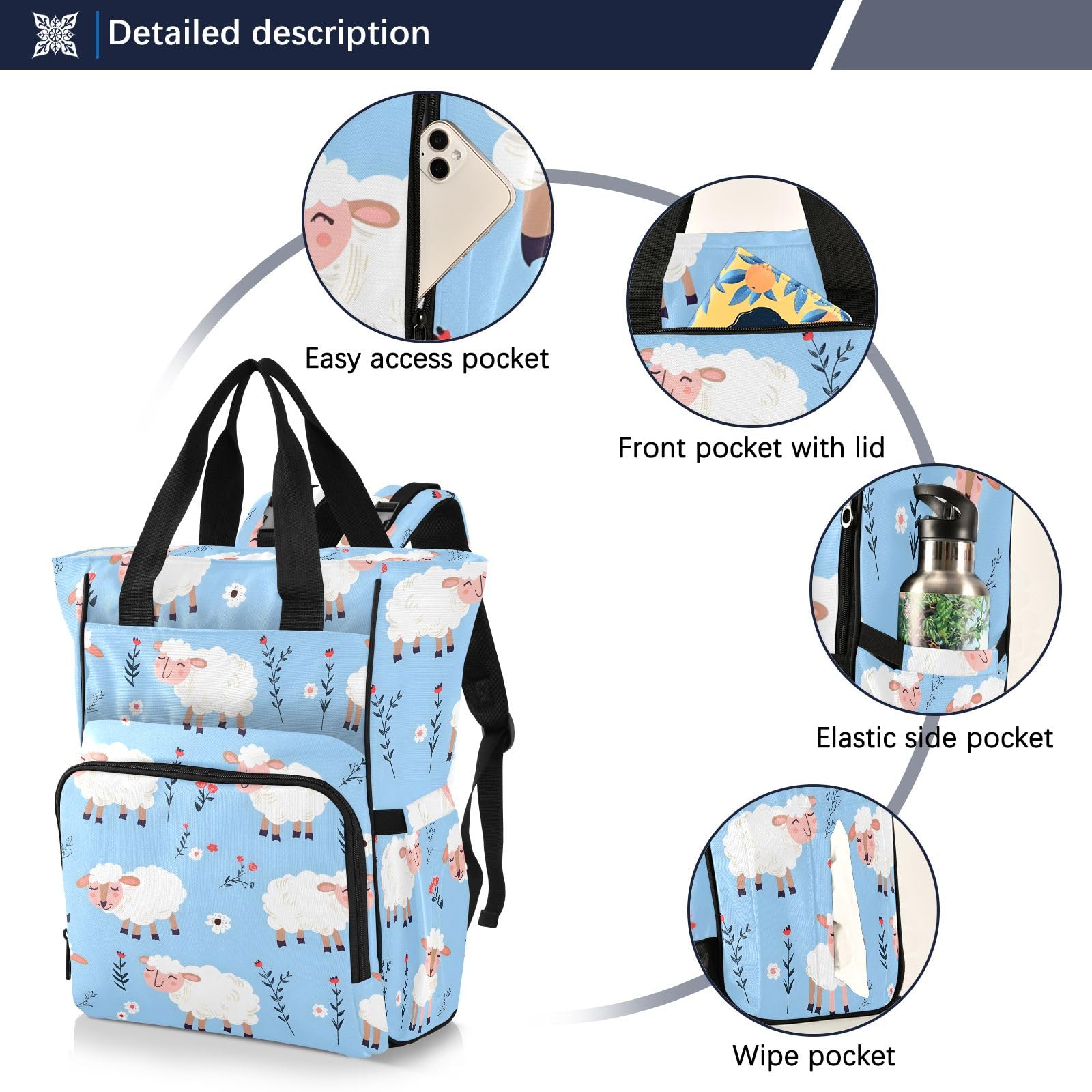 Mnsruu Borsa per pannolini per bambini senza cuciture con pecore zaino grande borsa impermeabile da viaggio borse per pannolini per mamme e papà