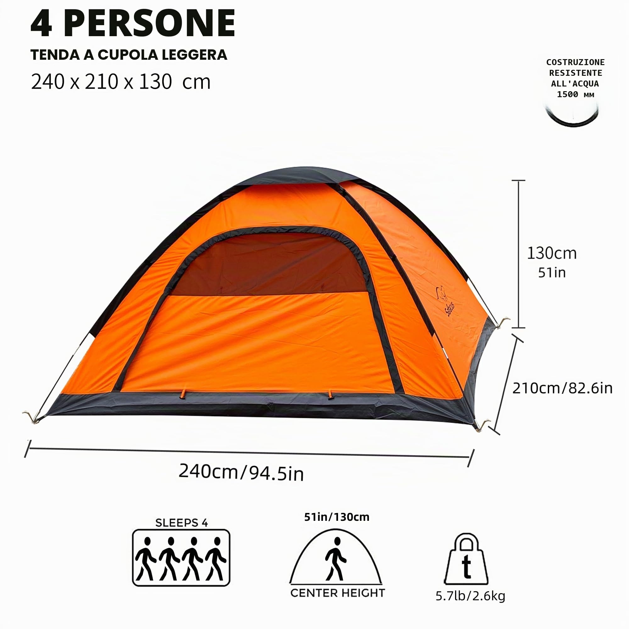 Tenda da campeggio per 3-4 persone, leggera, stabile, 4 uomini tenda a cupola impermeabile - sistema di ventilazione, protezione antizanzare
