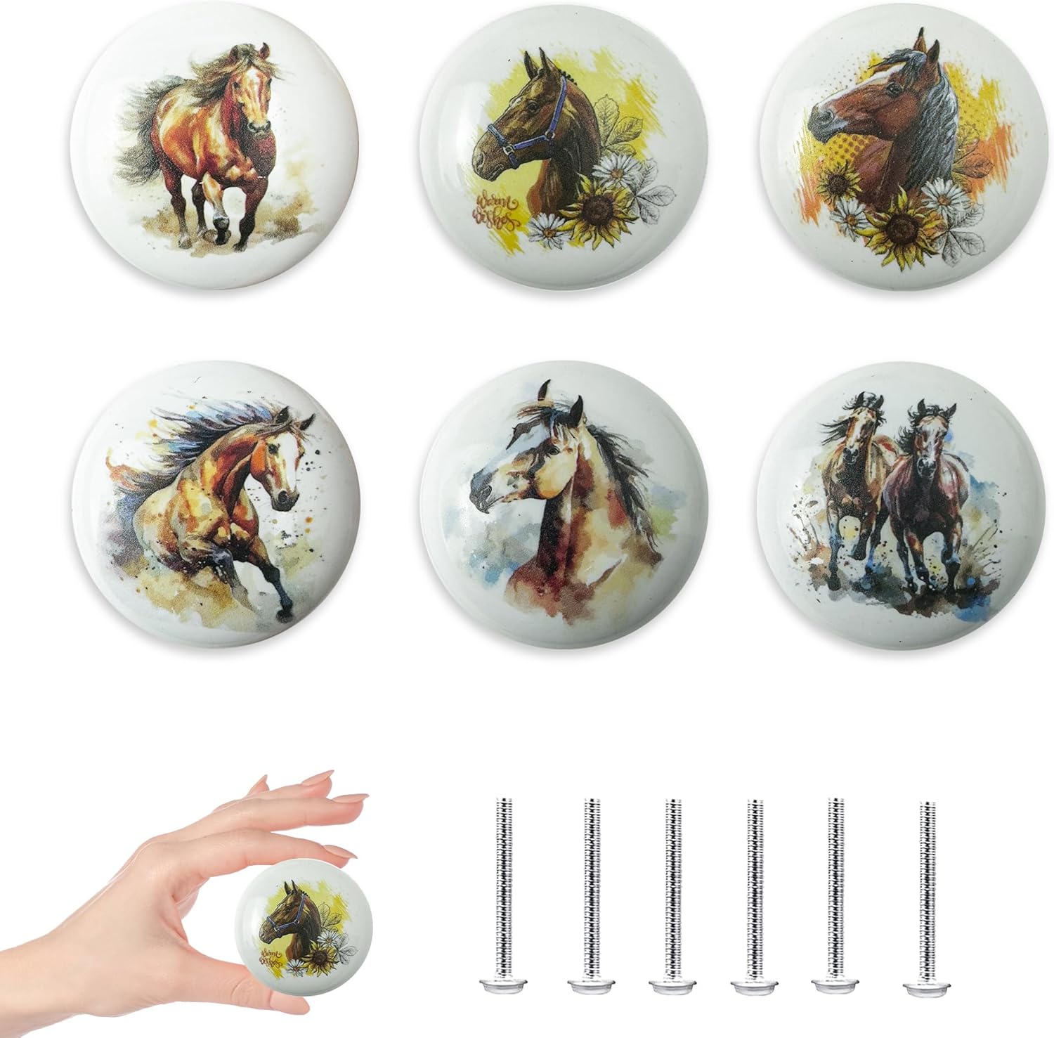 Setof 6 Ceramic Horse Head Stylish Western Themed Kitchen Cabinet Door Handles Dresser Drawer Pulls and Decorative Knobs 1.5 X 1.5 Inches