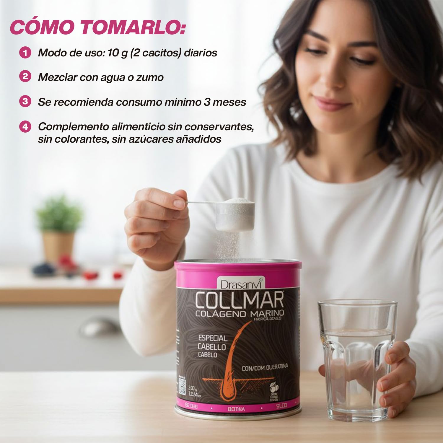 Drasanvi COLLMAR Colágeno Marino Hidrolizado + Biotina, Queratina, Selenio, Zinc y Extracto de Bambú | Cabellos Débiles y Finos| | Alta Dosis 5.000 mg/día | 350g de Polvo = 35 Días | Sabor Cereza