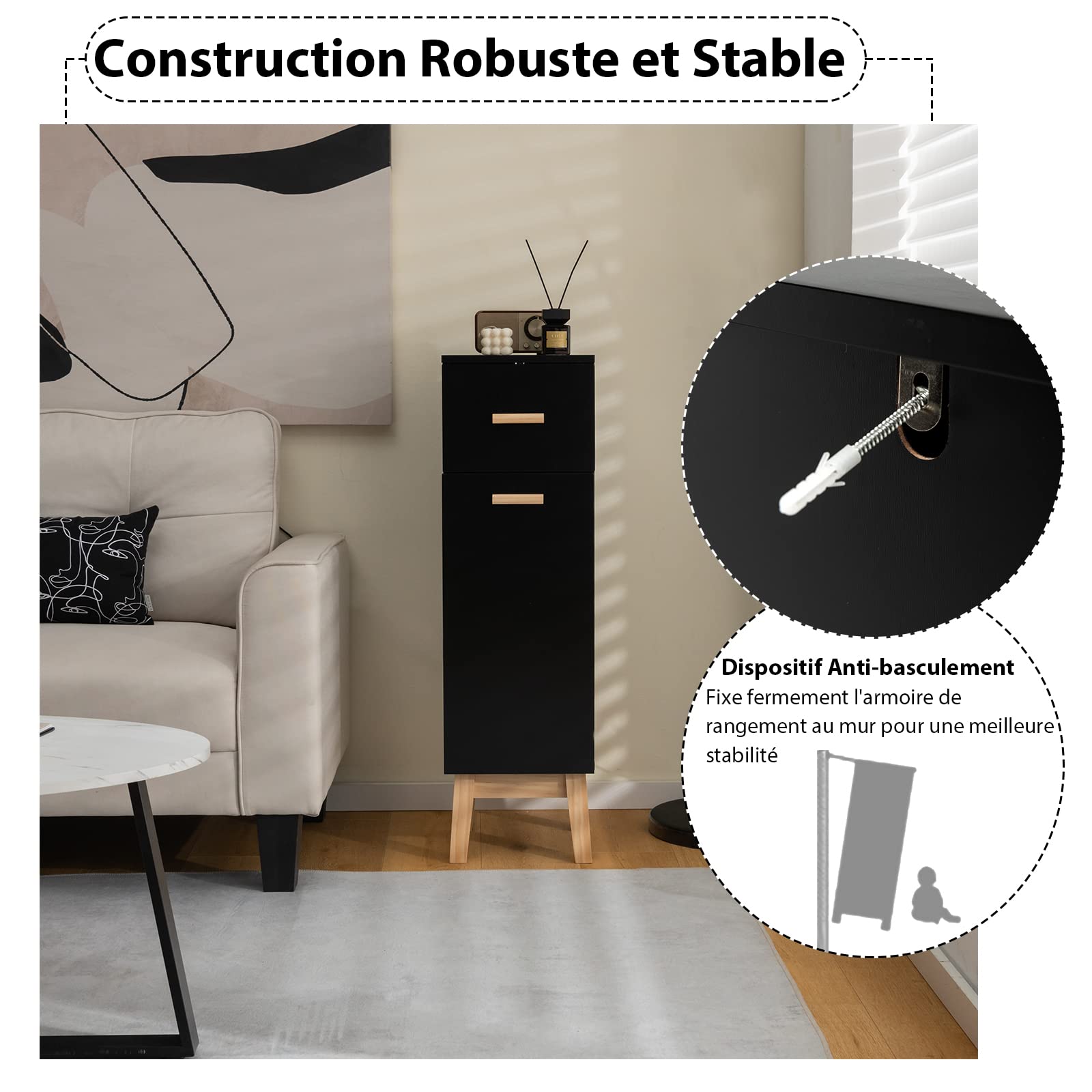 COSTWAY Meuble Autoportant de Salle de Bain avec 1 Tiroir et 1 Porte,Armoire de Rangement sur Pieds avec Etagères Réglables,Placard en Bois Moderne pour Salon Cuisine,30 x 30 x 102cm,Noir