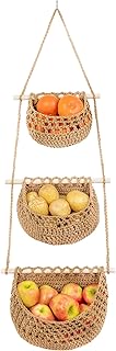 Cotton Hanging Fruit Basket, 3 Tier Woven Wall Basket, Hanging storage b...