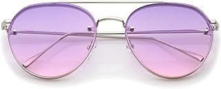 Modern Temple Brow Bar Rimless Gradient Colored Flat Lens Aviator Sunglasses 59mm (Shiny Silver/Purple-Pink)