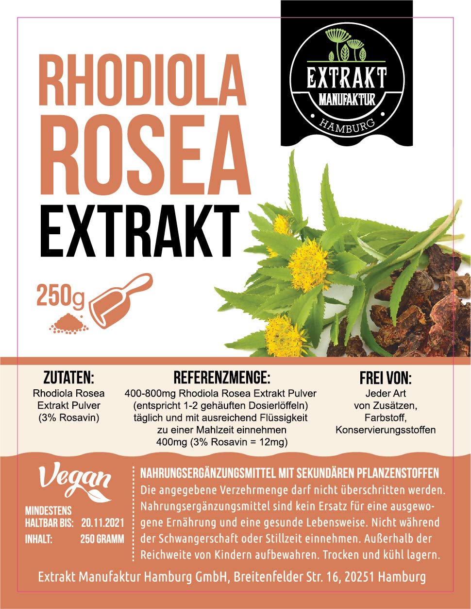Rhodiola Rosea Rosavin EXTRAKT 250g Salidrosid PULVER Rosenwurz ohne Zusatzstoffe (Pulver 250g)