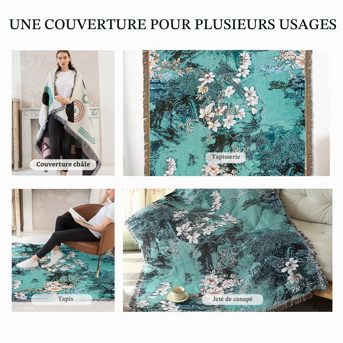 LumiSyne Couvertures Coton Tissé Jetés De Lit Avec Gland Motif Floral Jacquard Style Rétro Frais Réversible Couverture Décorative Jeté De Canapé Couverture De Camping Tapisserie Nappes Tapis 160x130cm
