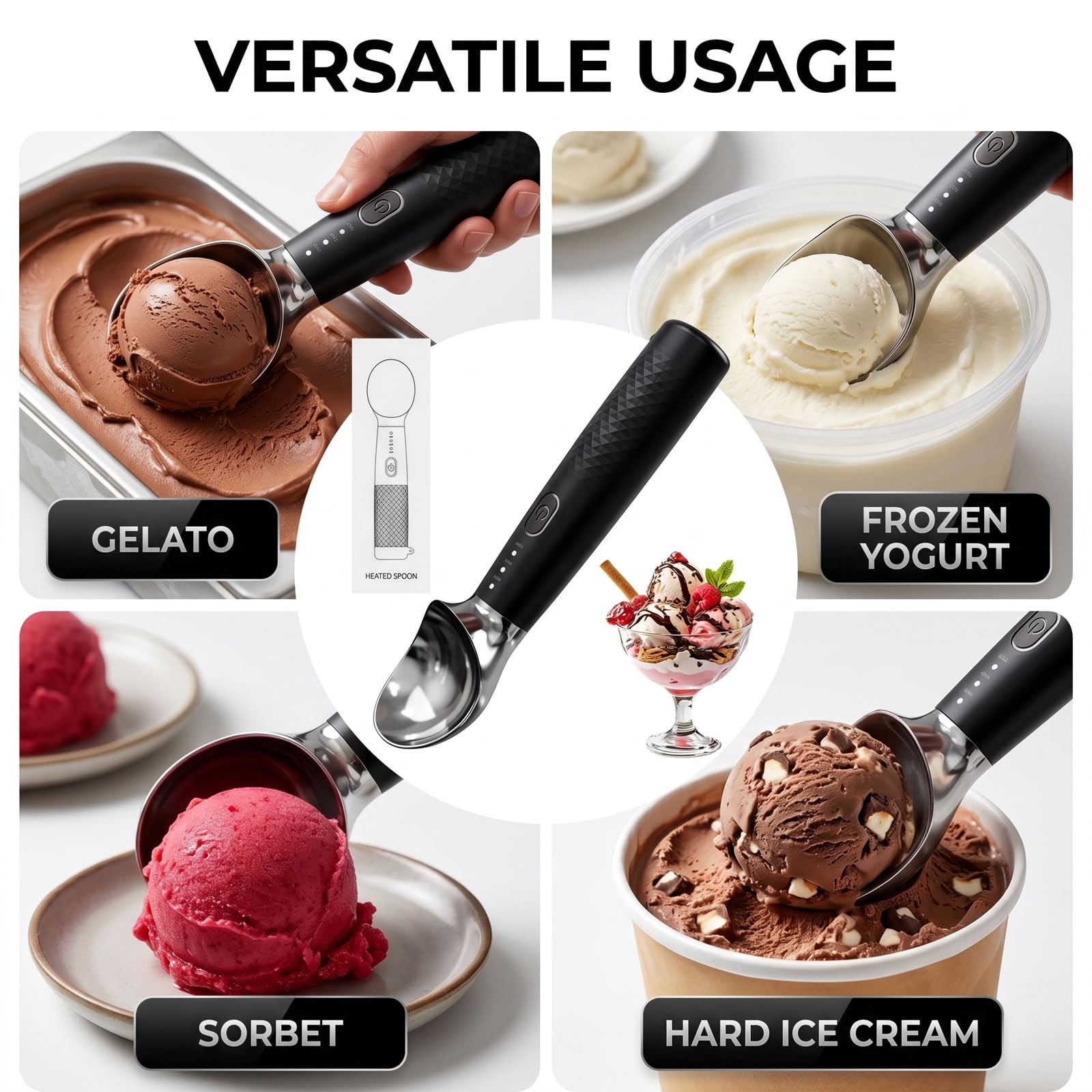 cuillère à Glace chauffante, portionneur de crème glacée en Acier Inoxydable, Moule à Boules de Glace, cuillère portionneur, cuillère à Glace, Rechargeable Type-C avec 3 Niveaux