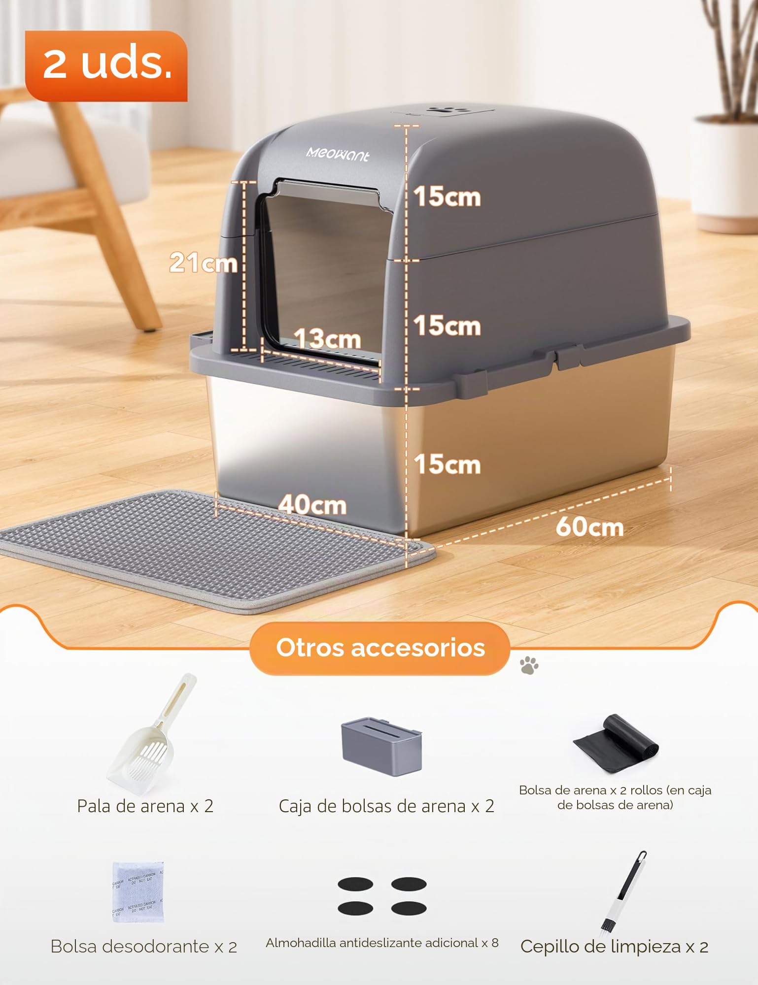 MeoWant 2pcs Caja de Arena para Gatos de Acero Inoxidable, Arenero Gatos XXL con Pala y Estera de Doble Capa, Extraíble Inodoro Cerrado en Forma de U, Caja de Carbón Activado Oculta en Parte Superior