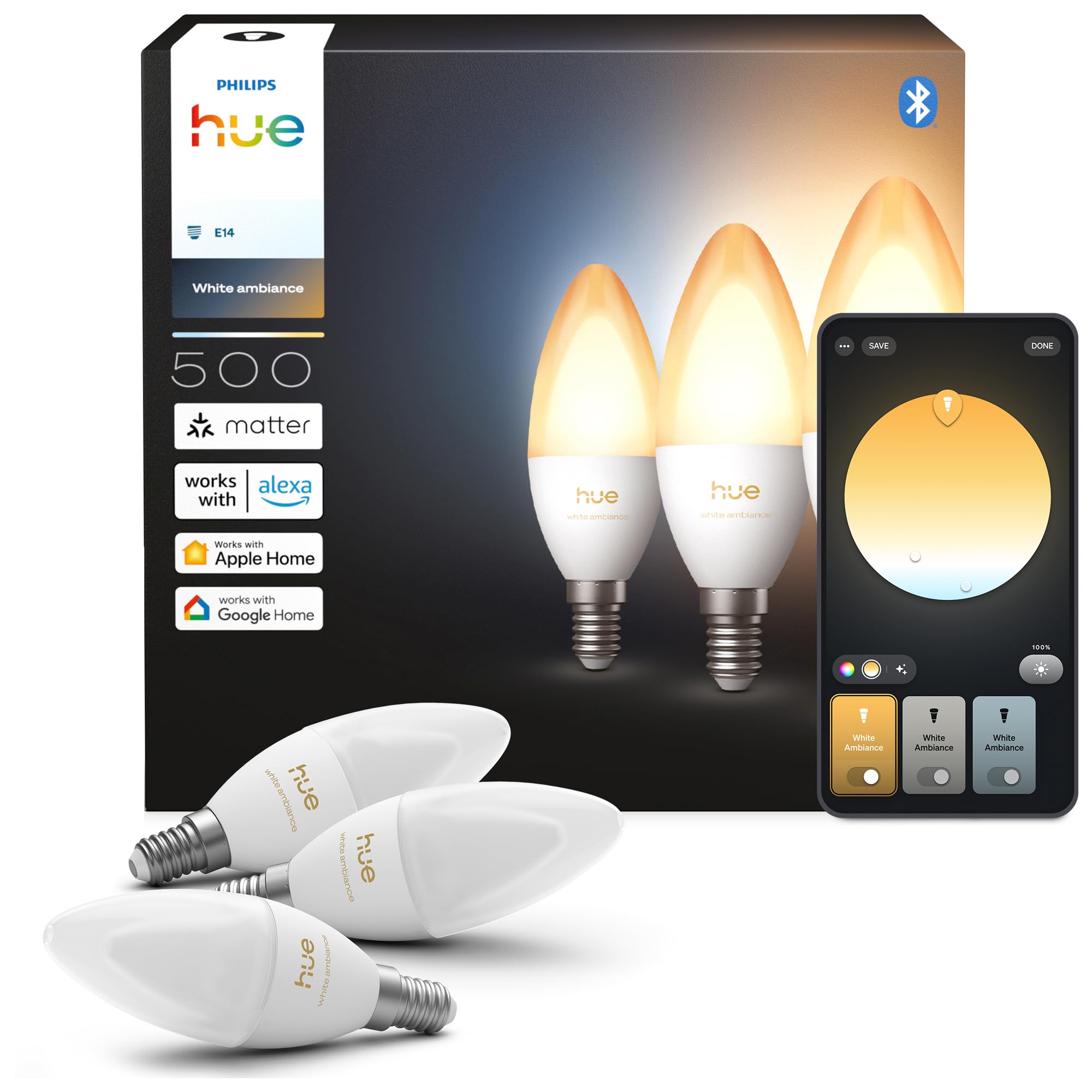 Philips Hue Smart LED Lampadina Design Candela, B39, E14, 3Pz, Lampadine Smart, Illuminazione Spettro Completo 1000K-20000K, 500 lm, Regolazione Ultrafluida, Chromasync, Alexa, Google Home, Apple Home