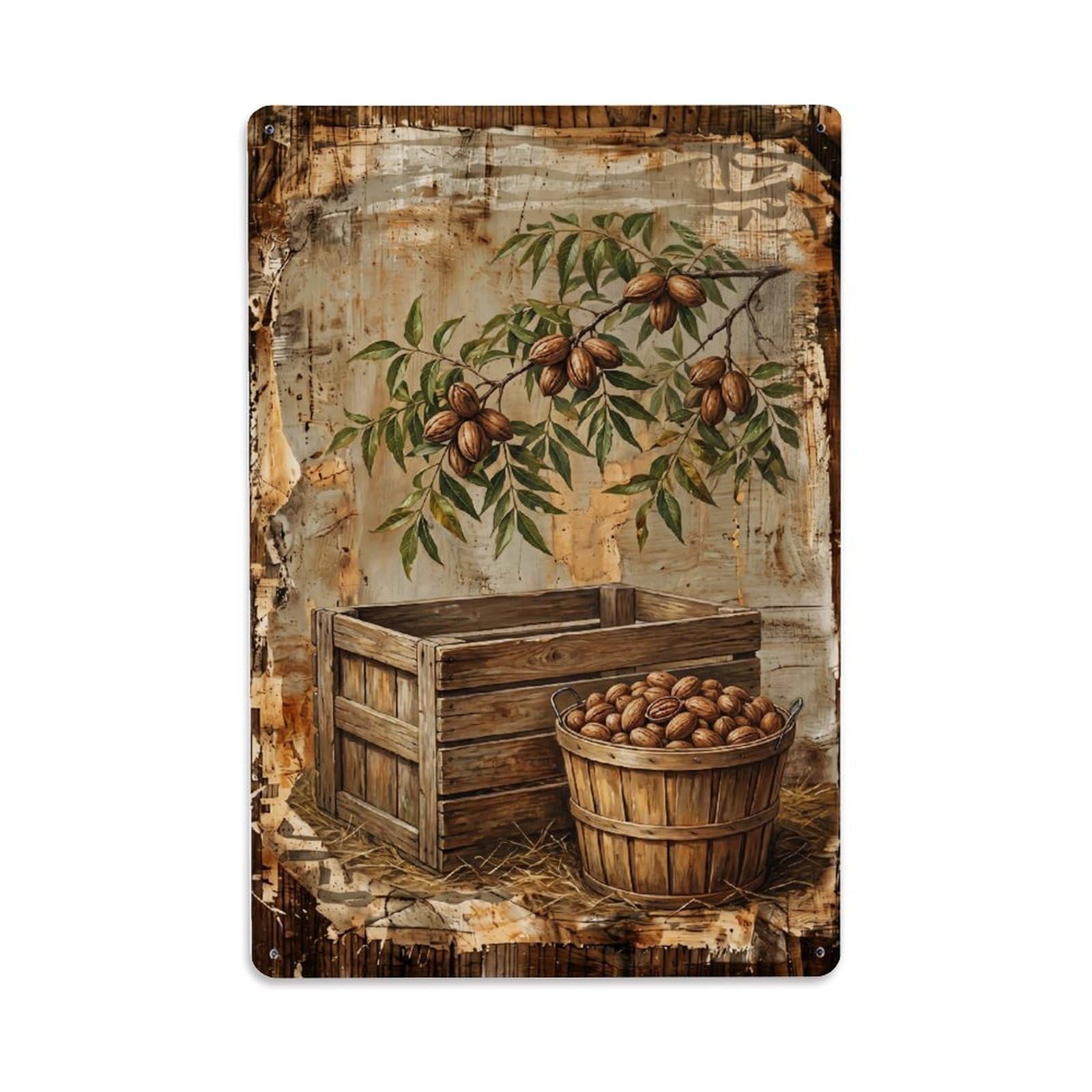 Pecan Orchard Harvest Brown Nut Countryside Tree Metal Tin Sign Plaque Wall Decor for Cafe, Club Bar, Office, Home Garden Metal Poster 8x12Inch