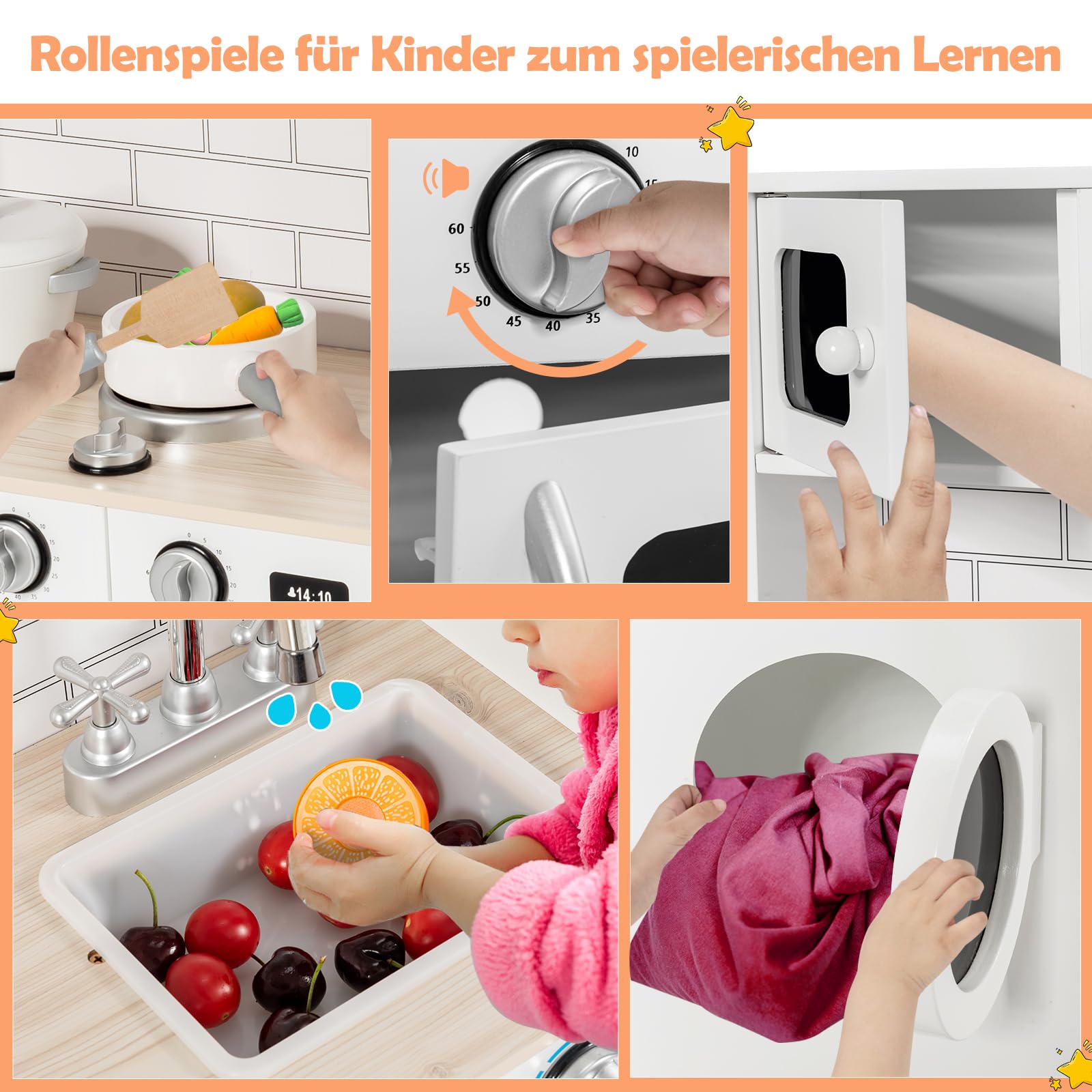 GOPLUS Kinderküche aus Holz, Holzküche Spielküche mit Waschbecken, Herd, Backofen, Mikrowelle & Waschmaschine, Kinderrollenspiele für Kinder inkl. Spielzubehör, 78 x 29 x 93cm